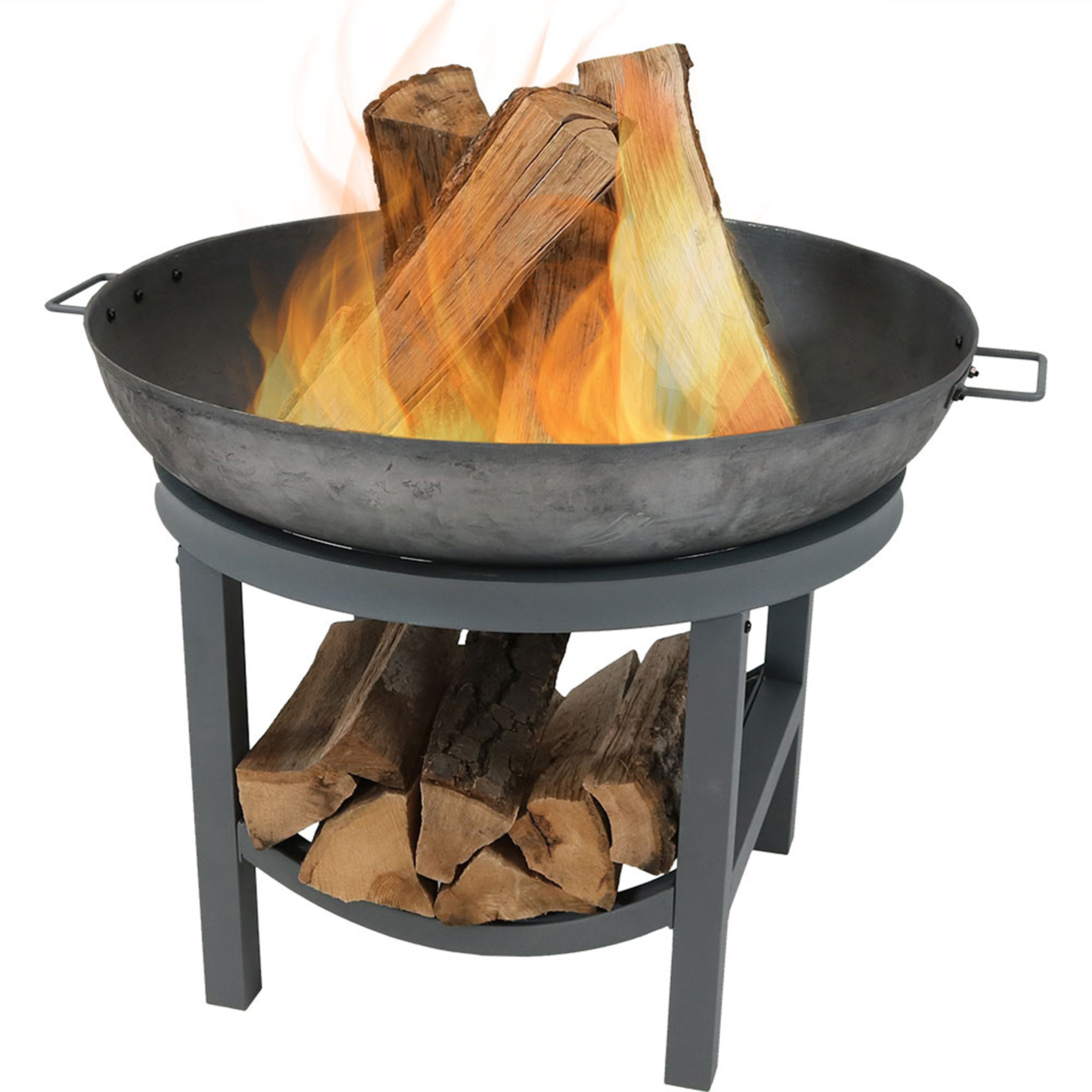 30 in Round Cast Iron Fire Pit Bowl with Built-In Log Rack