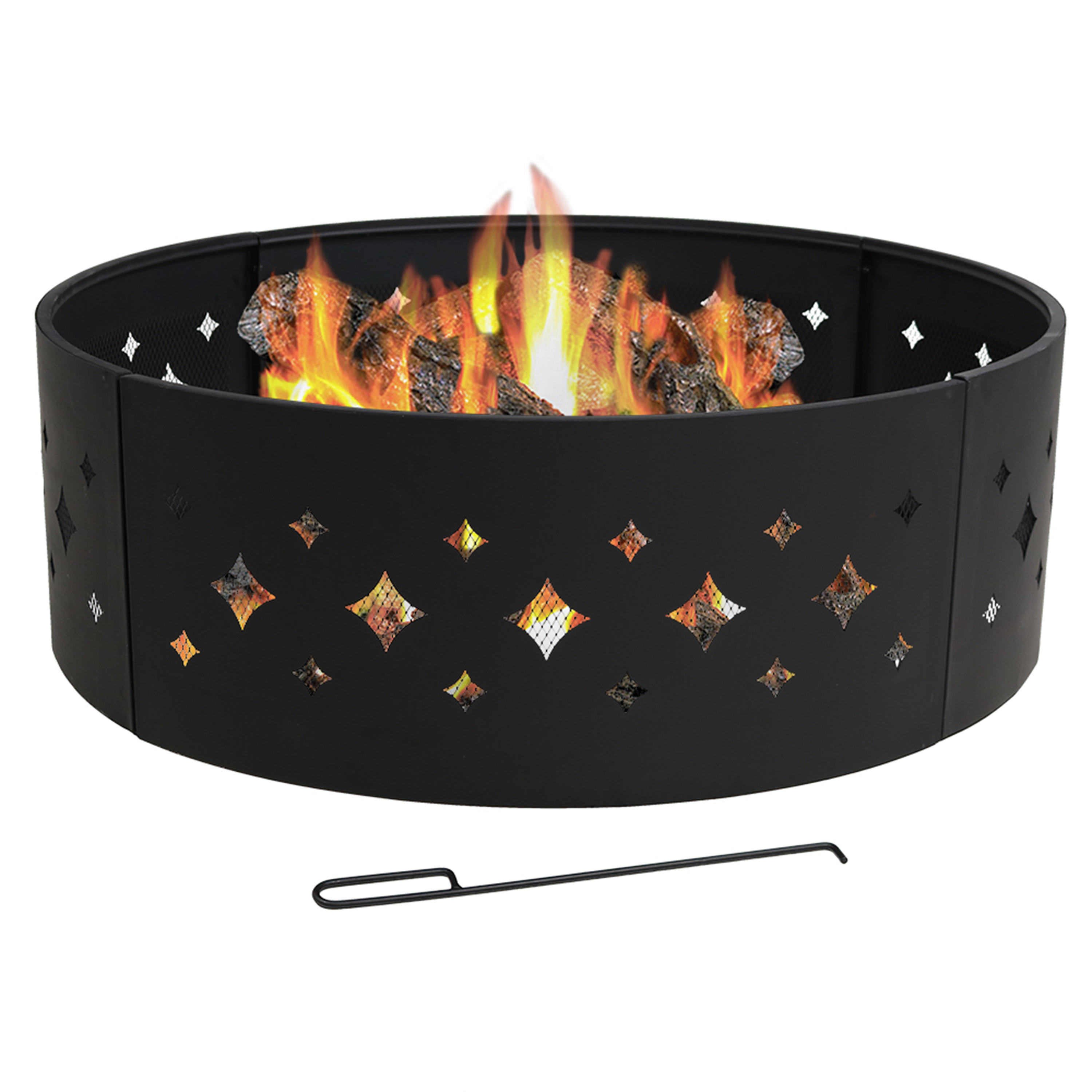 36 in Diamond Cut-Out Wood-Burning Fire Pit Ring with Poker