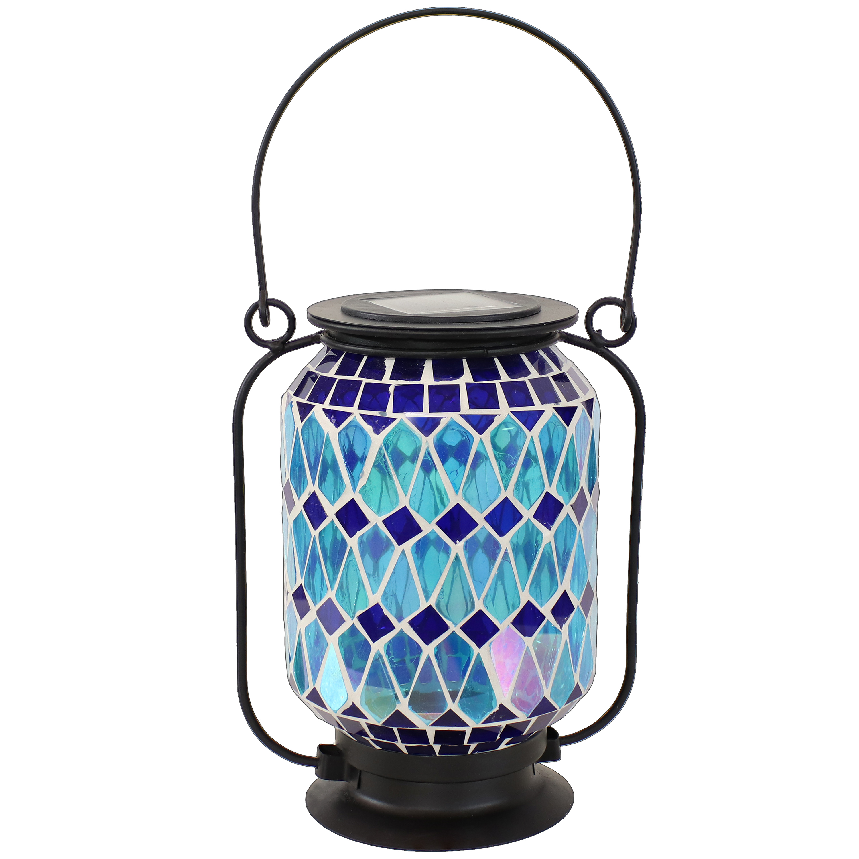 Cool Blue Mosaic Glass Outdoor Solar LED Lantern - 8 in