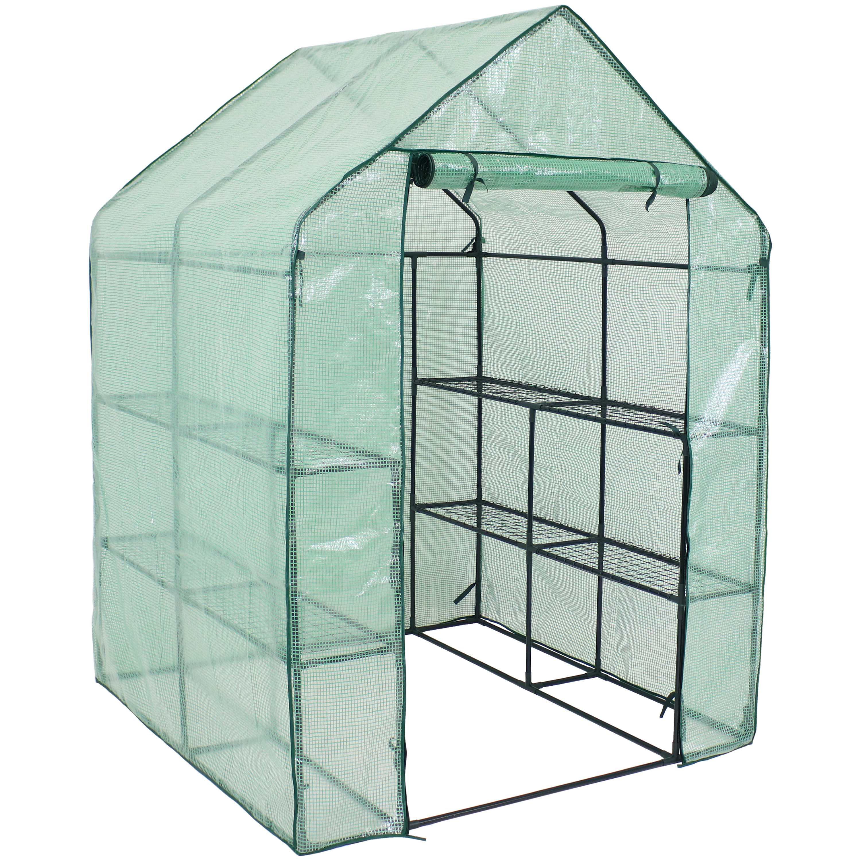 Large Steel Walk-In Greenhouse with 4 Shelves - Green