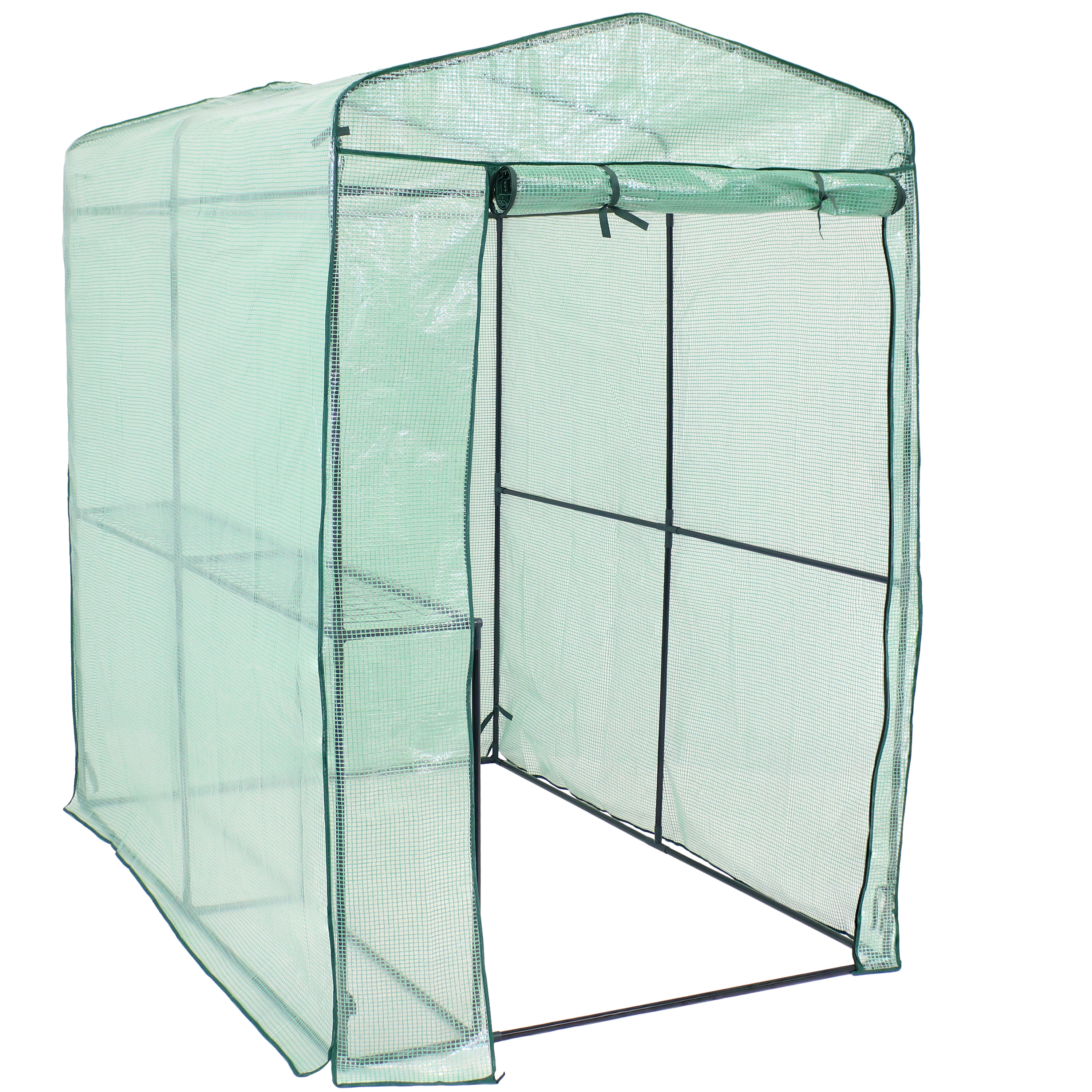 Large Steel PE Cover Walk-In Greenhouse with 1 Shelf - Green