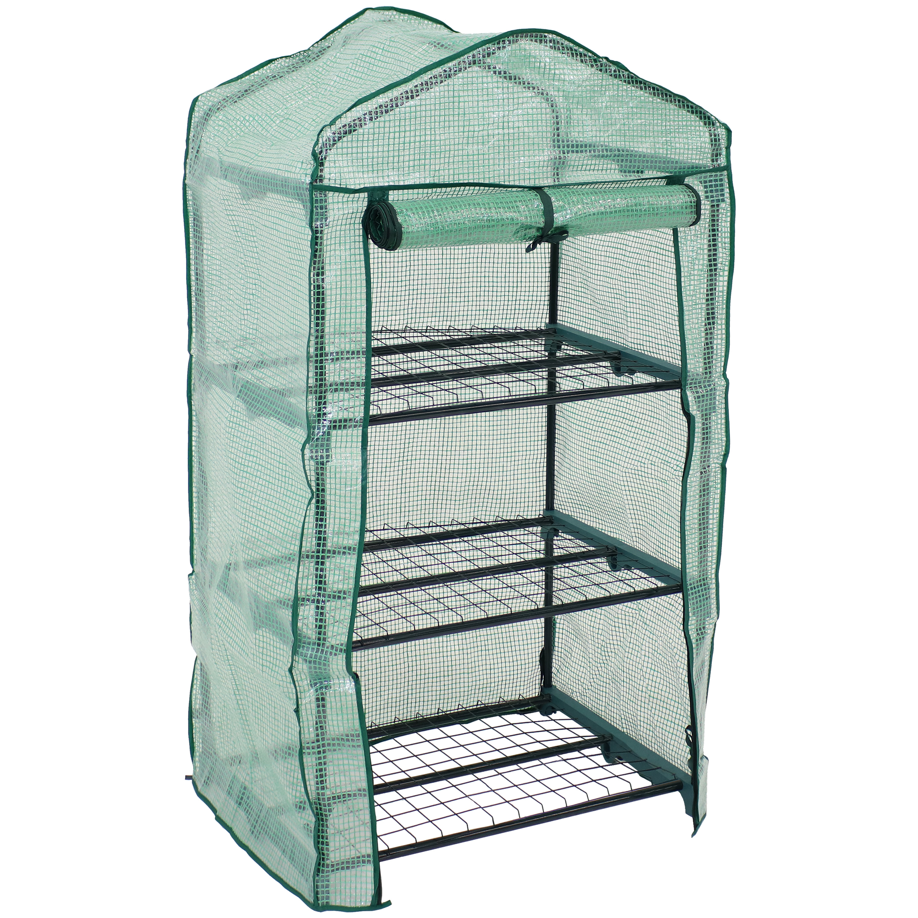 Steel Mini Greenhouse with 3 Shelves/Zipper - Green