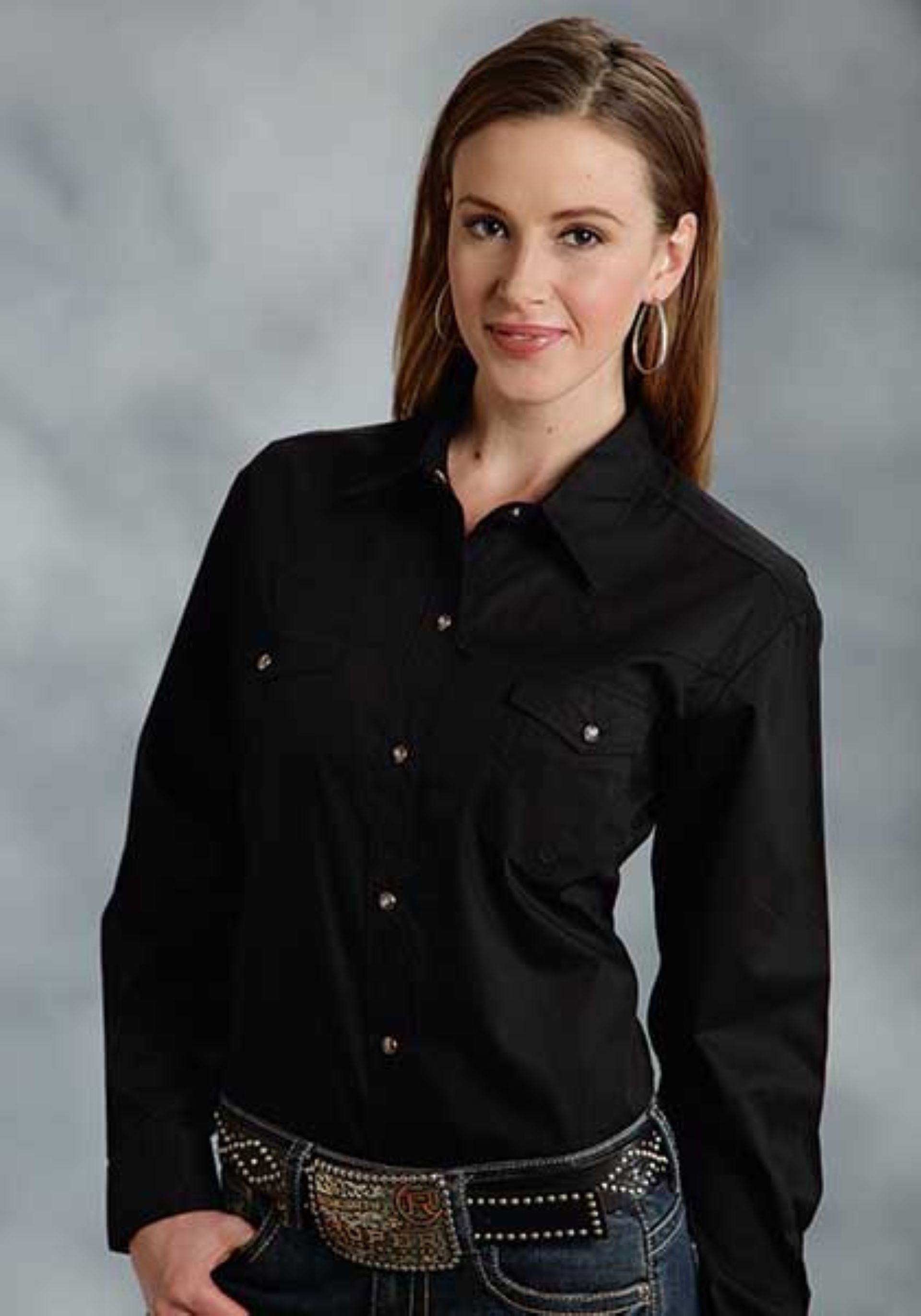 Women's Long Sleeve Western Shirt - Black Solid