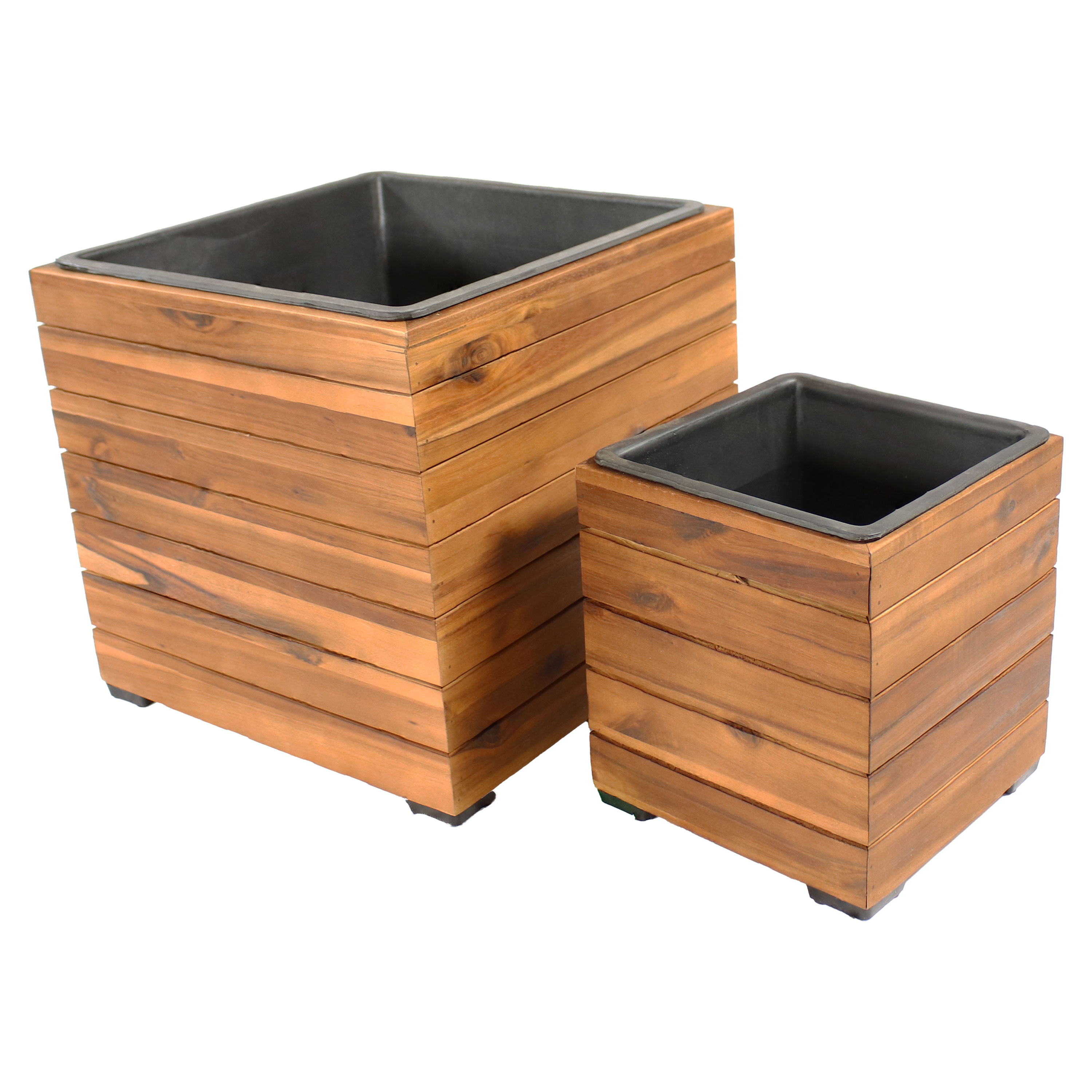 2-Piece Square Wood Planter Box with Liner - Light Brown