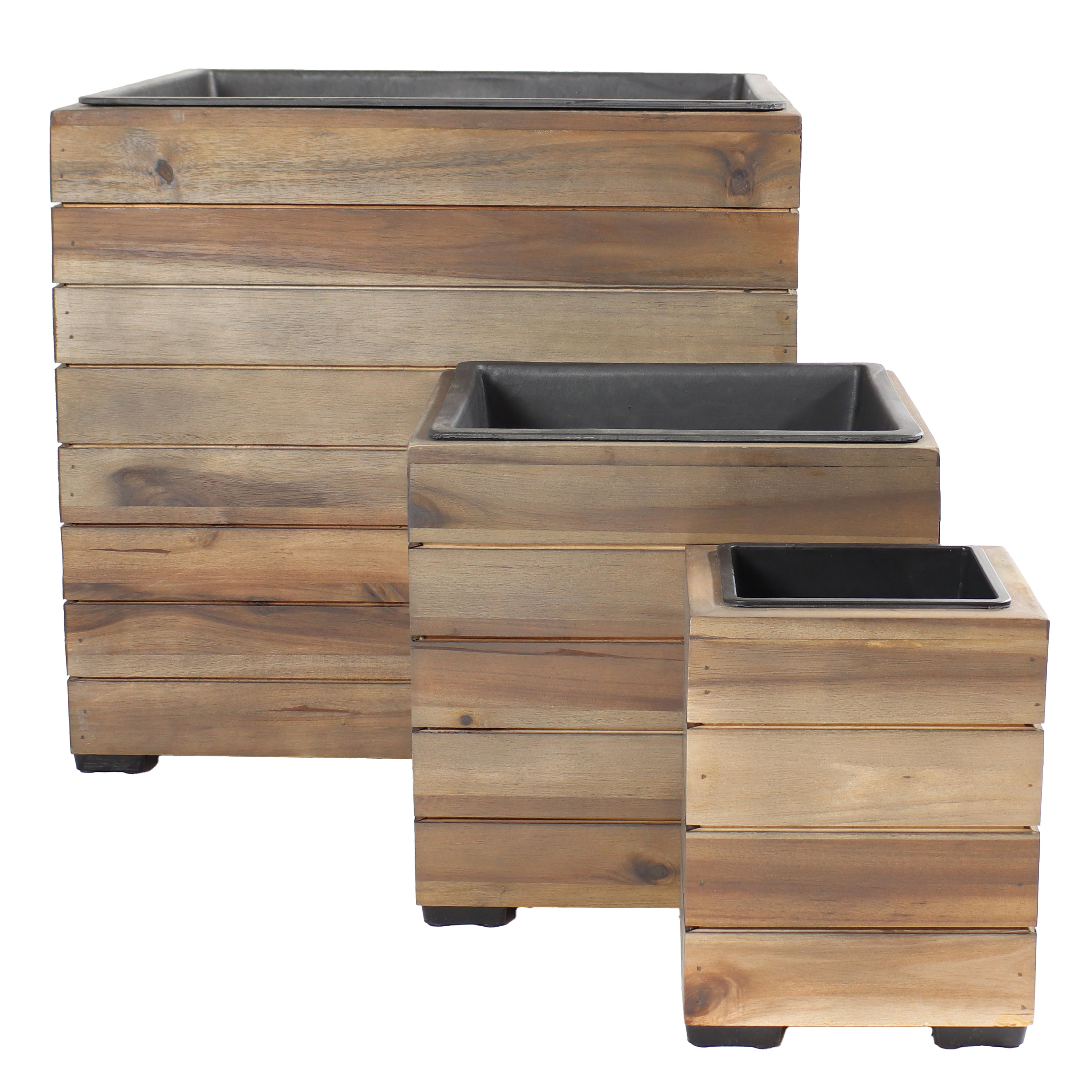 3-Piece Square Wood Planter Box with Liner - Anthracite