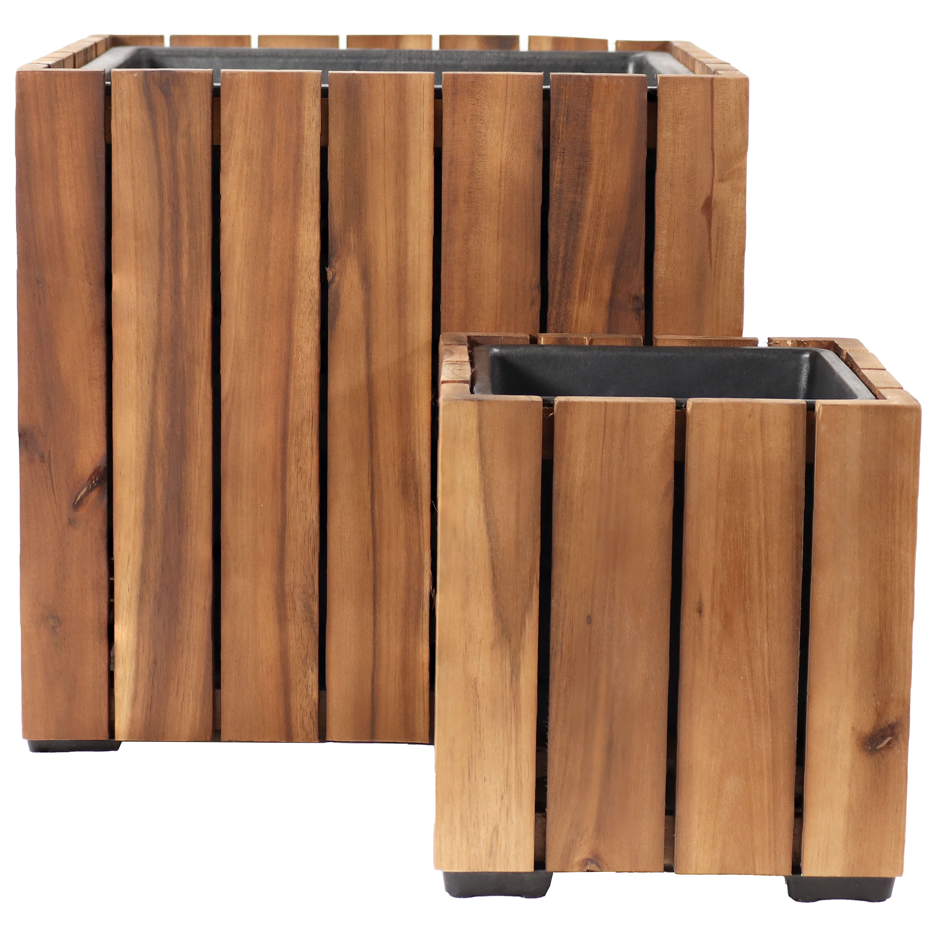 2-Piece Square Wood Planter Box with Liner - Light Brown