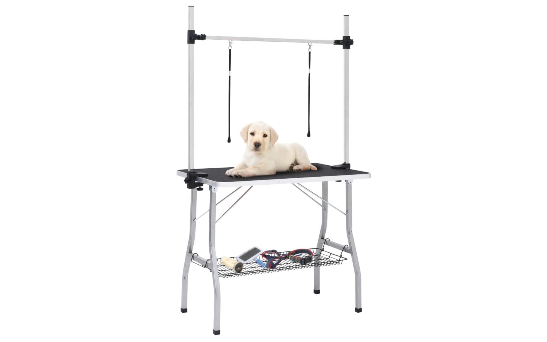 Adjustable dog grooming table with 2 loops and basket