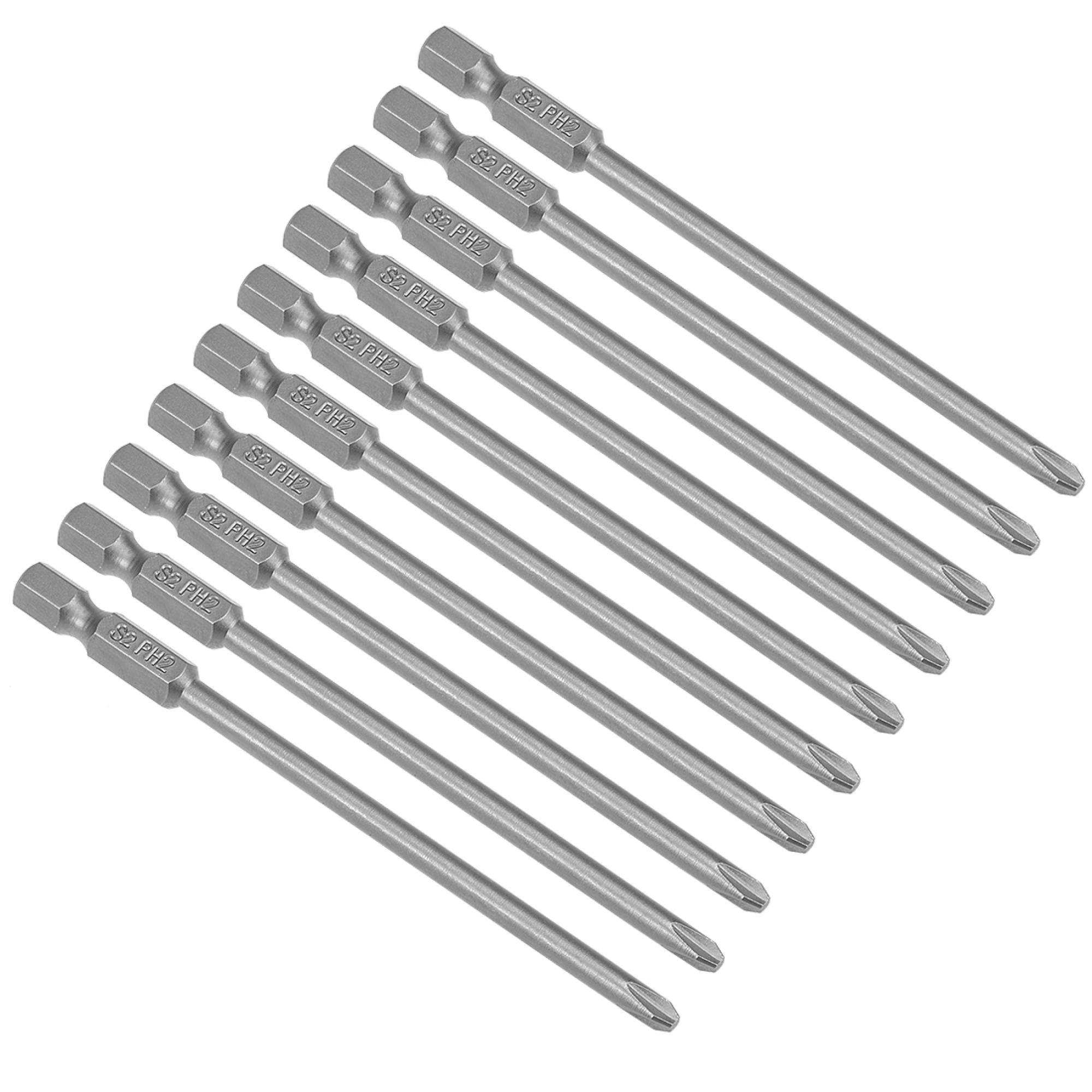 10pcs PH2 Magnetic Phillips Bits, 4" Hex Shank S2 Tool