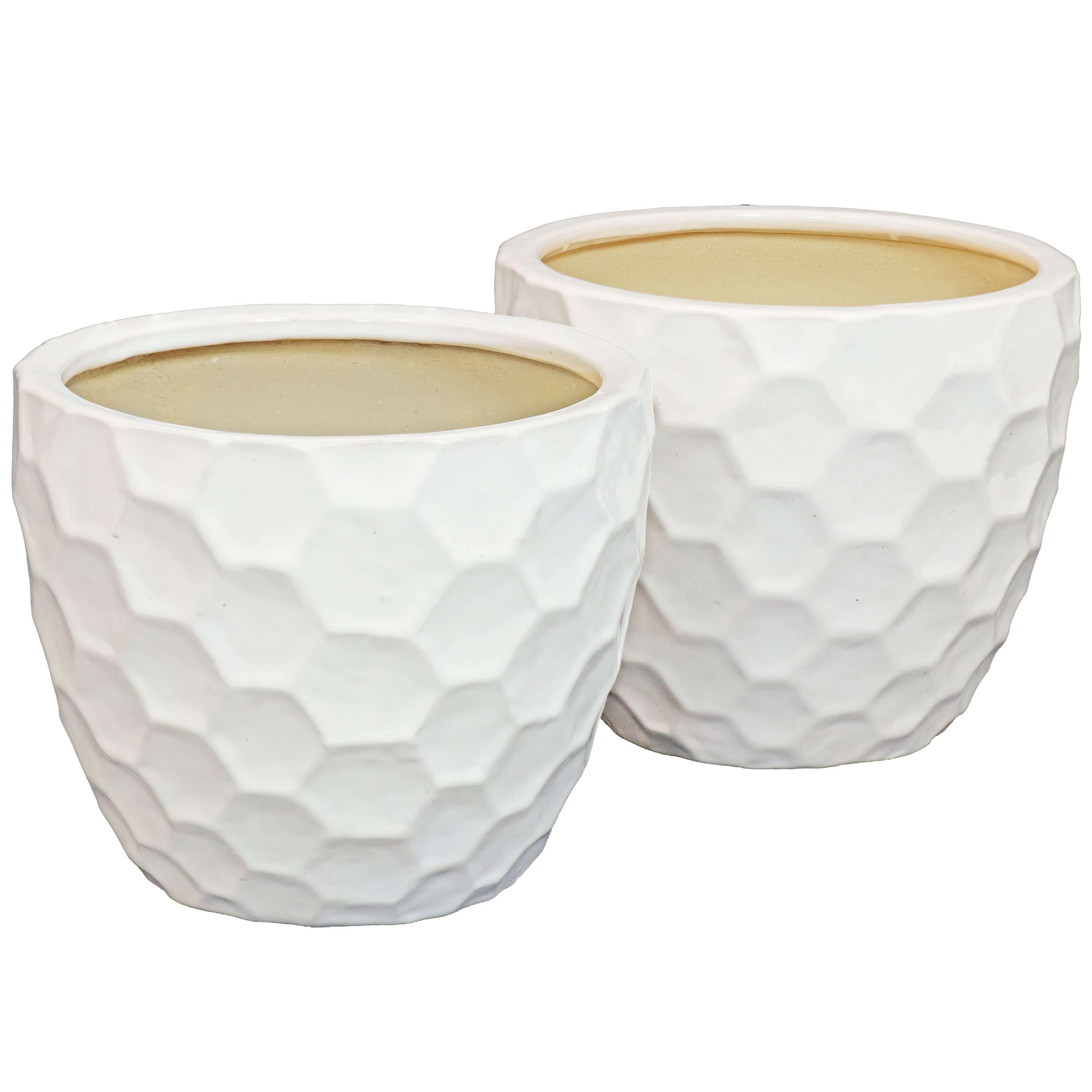 White Honeycomb Pattern Ceramic Planter - 13.5" - Set of 2