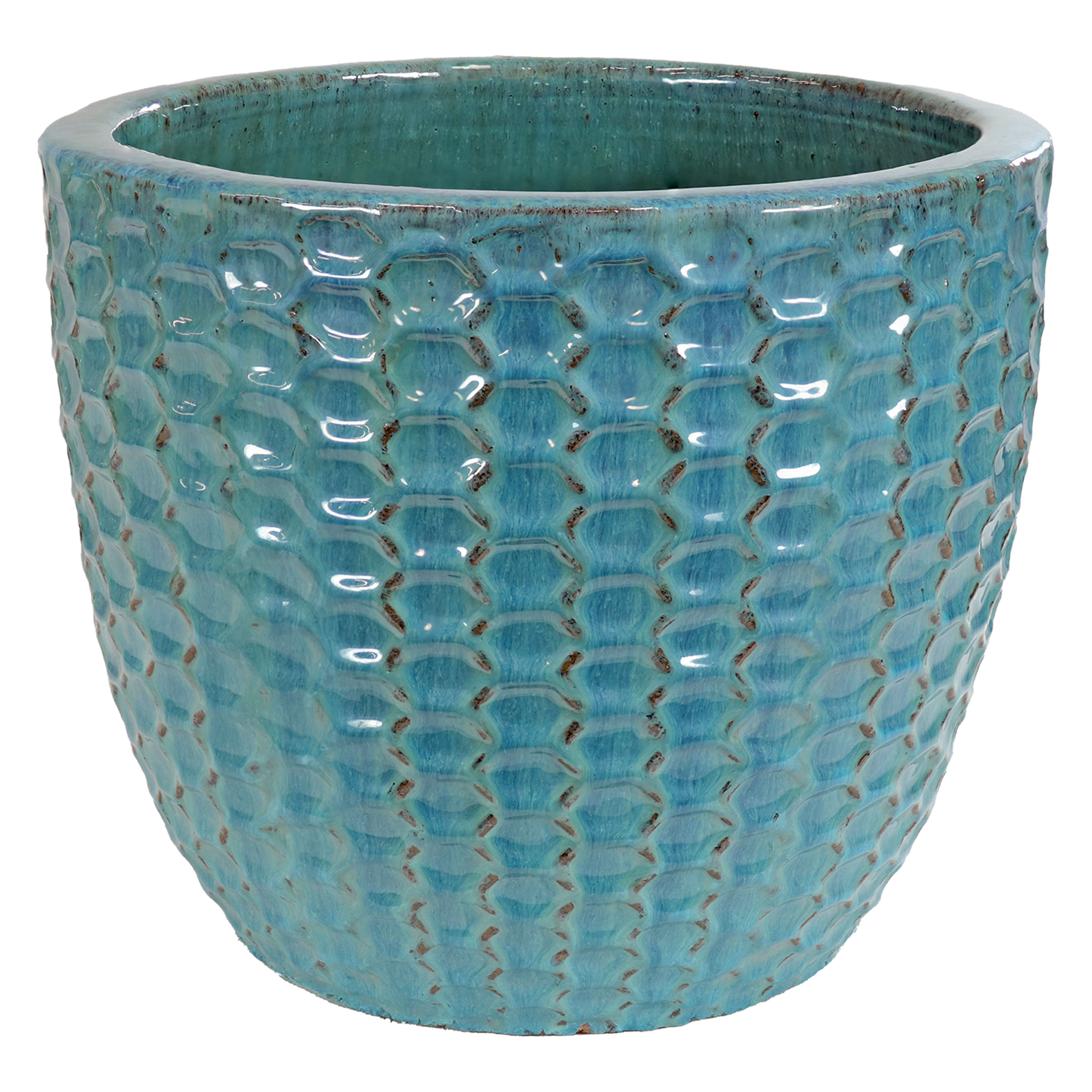 Turquoise Raised Hexagon Pattern Ceramic Planter - 14"