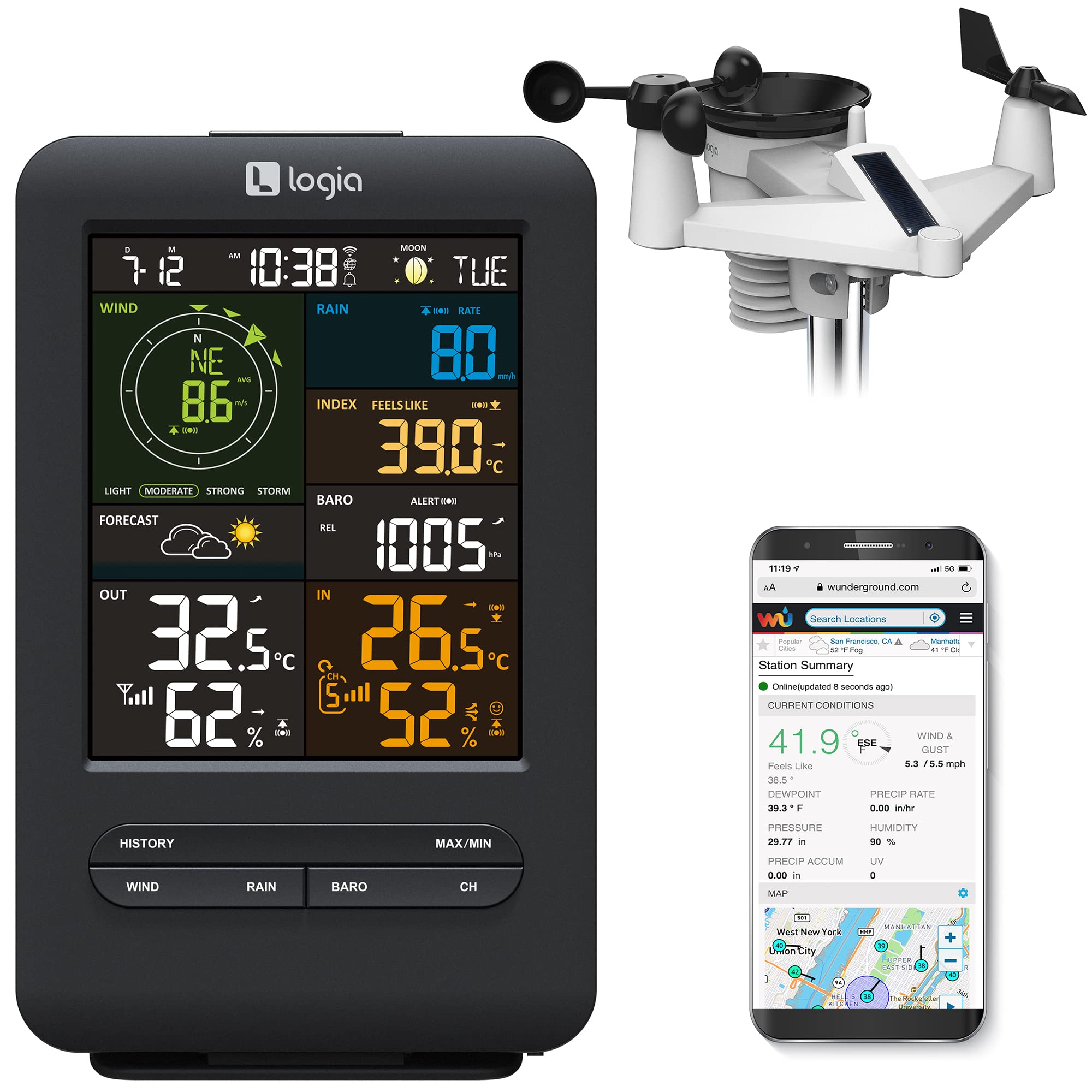 Logia 5-in-1 Wi-Fi Weather Station with Solar, Alarms & More