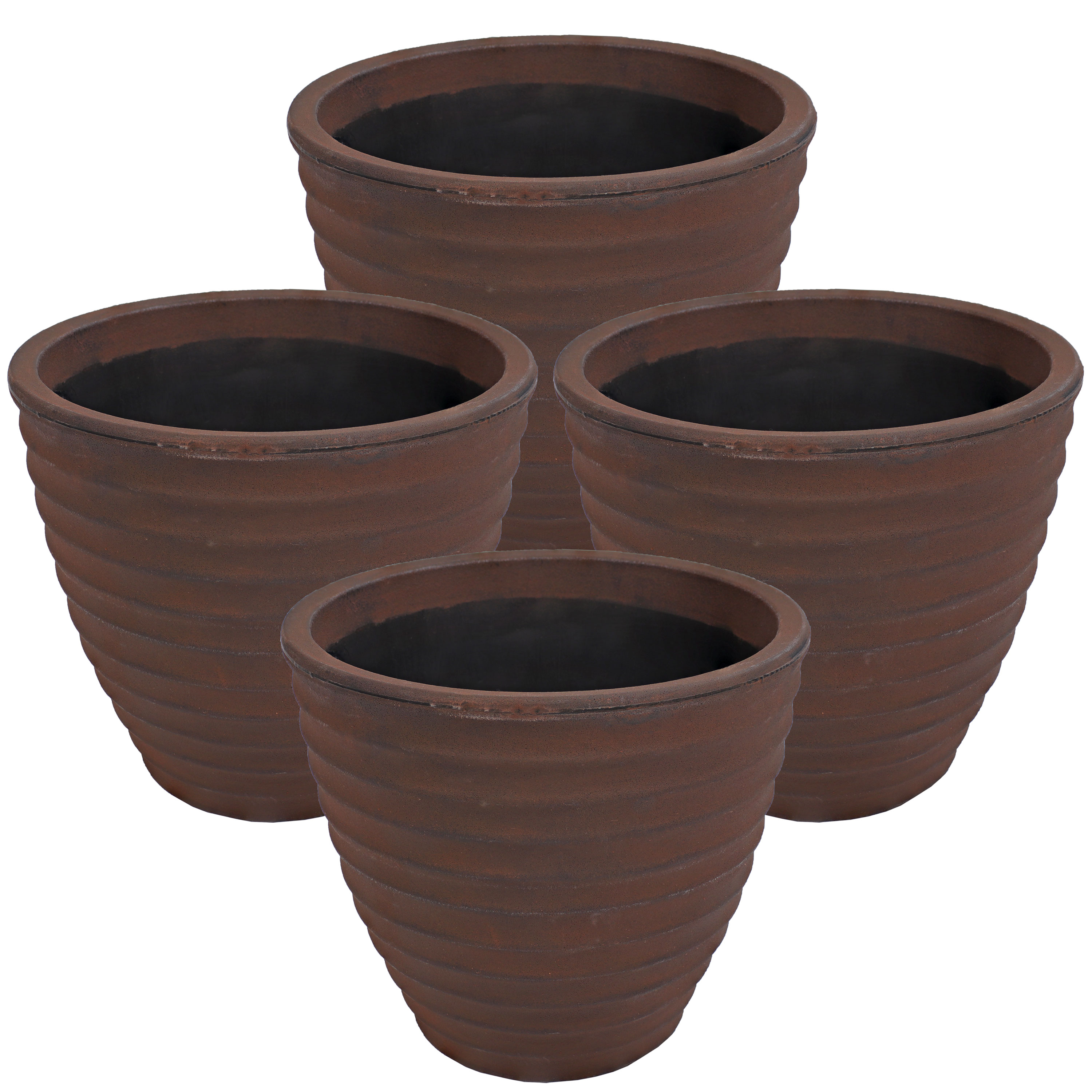 Set of 4 Round Polyresin Ribbed Outdoor Planter - Rust - 13"