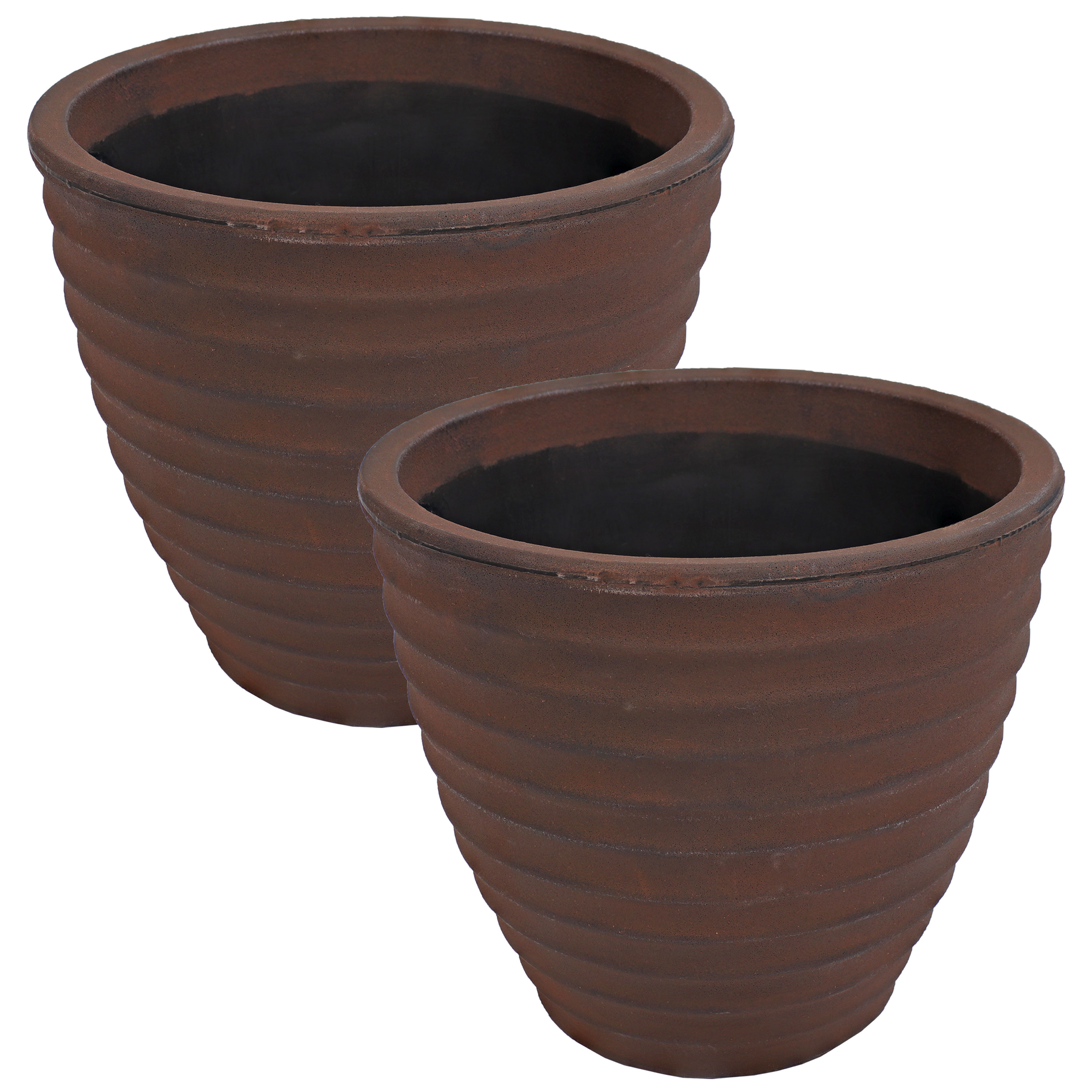 Set of 2 Round Polyresin Ribbed Outdoor Planter - Rust - 13"
