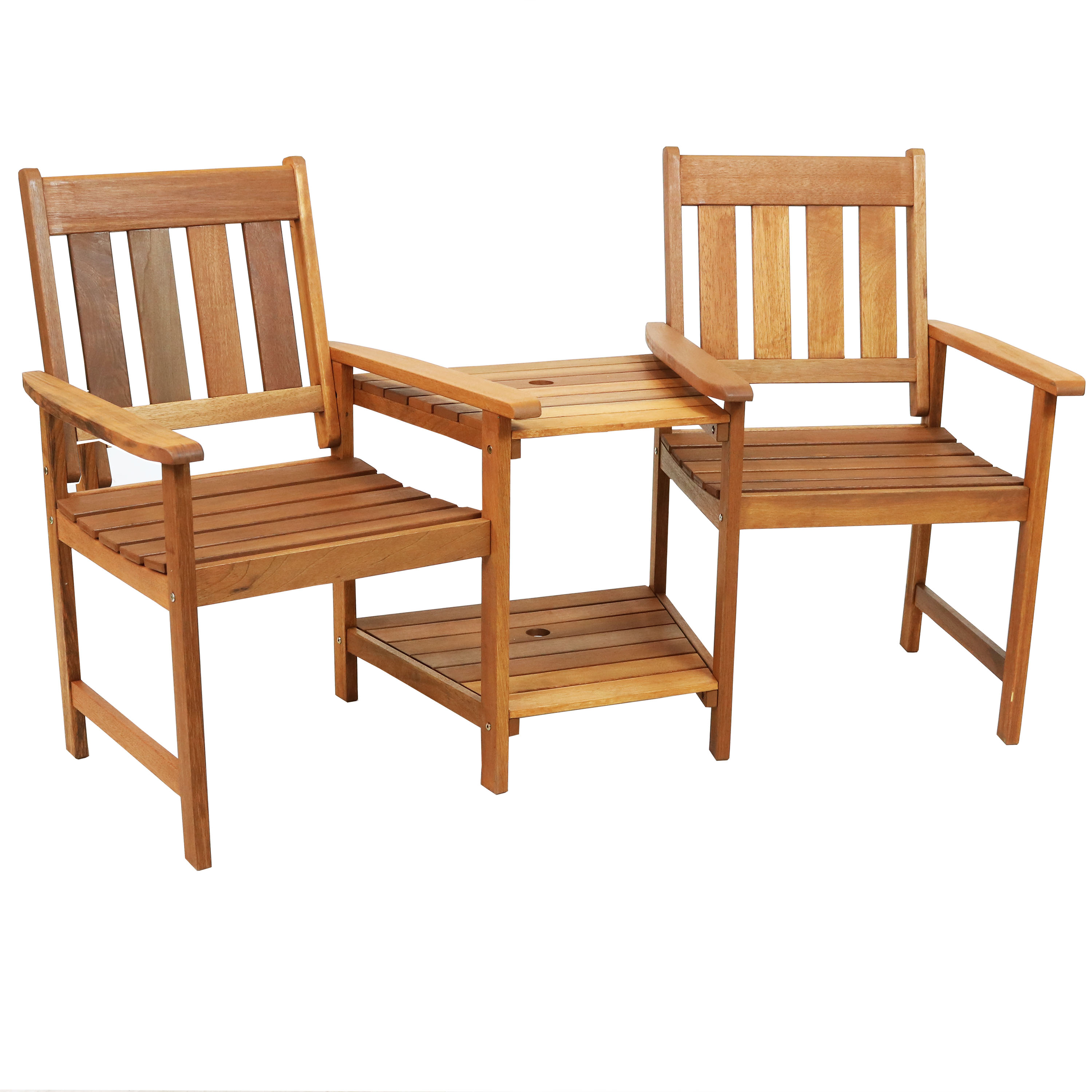 Meranti Wood Patio Jack-and-Jill Chairs with Attached Table