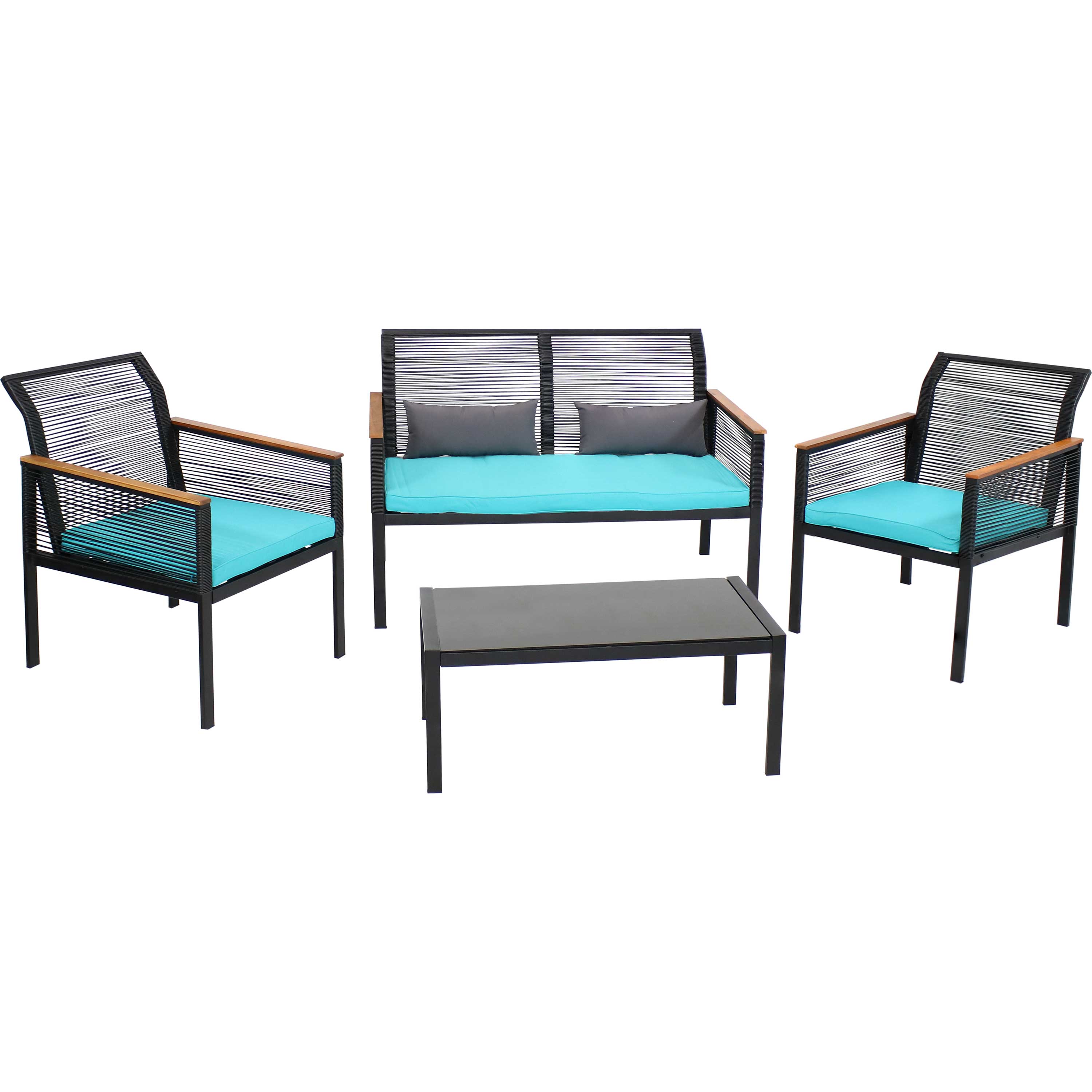 Coachford Rattan 4-Piece Patio Furniture Set - Blue Cushions