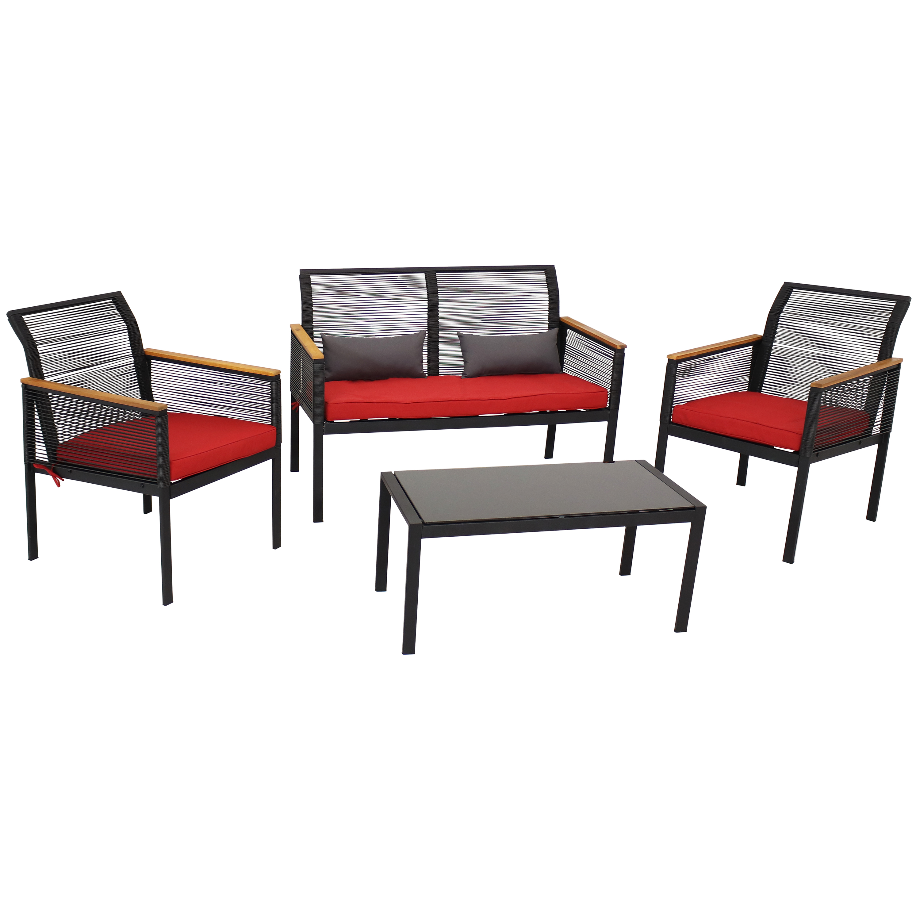 Coachford Rattan 4-Piece Patio Furniture Set - Red Cushions