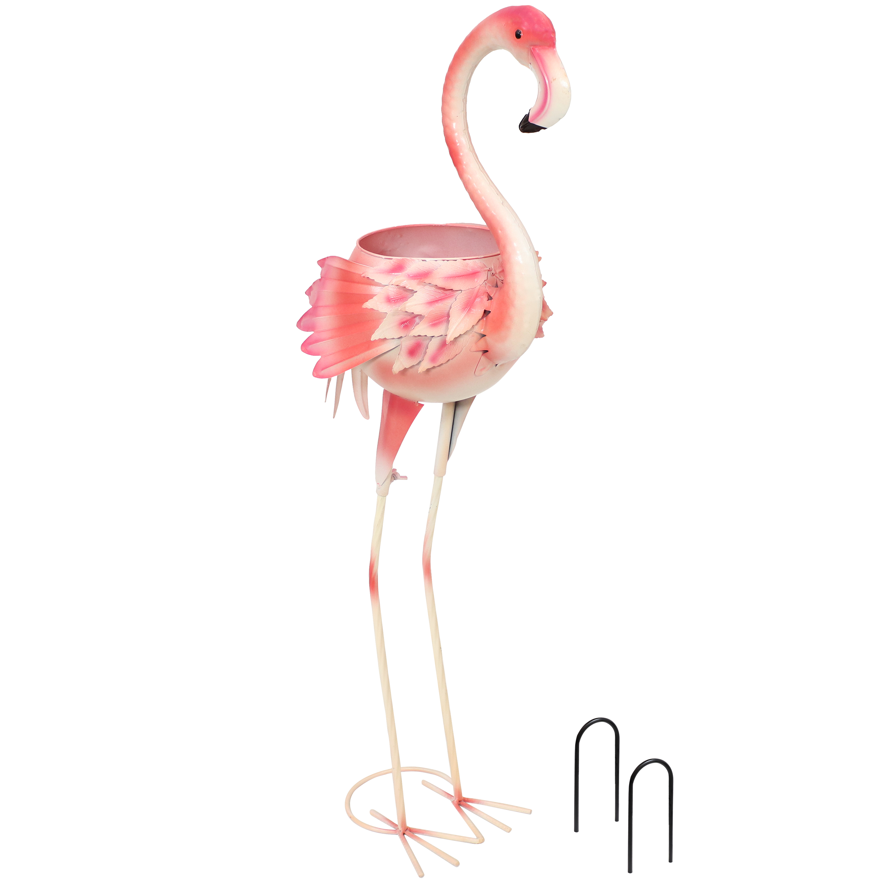 Iron Pink Flamingo Outdoor Statue with Flowerpot - 36 in