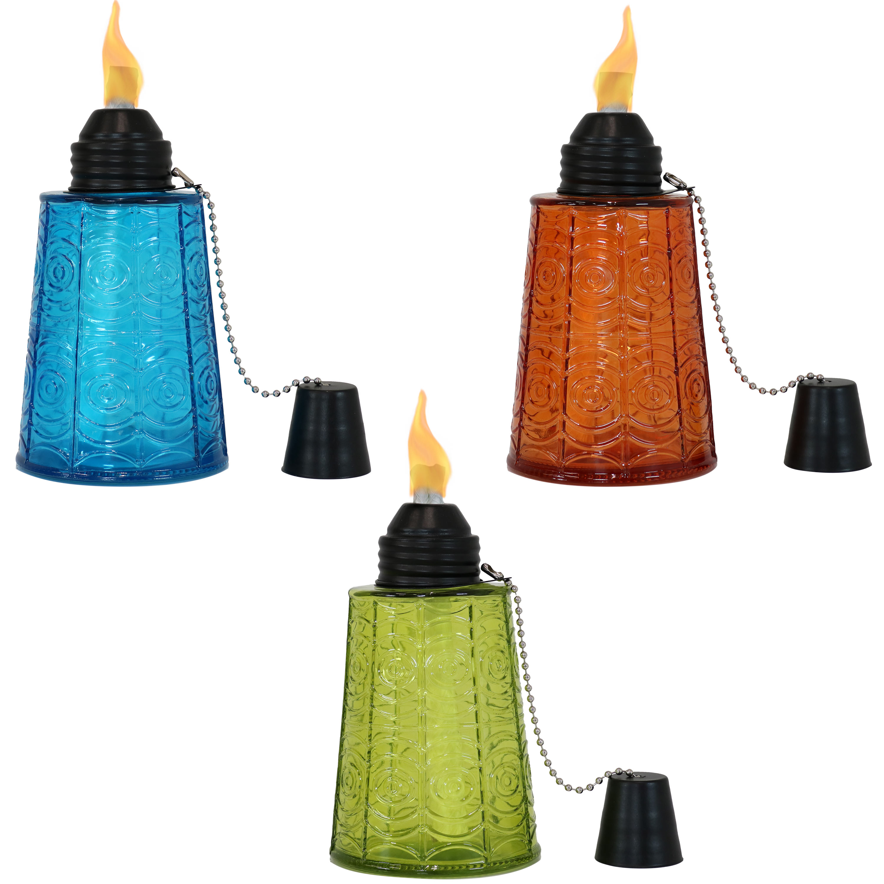 Blue/Orange/Green Glass Textured Tabletop Torch - Set of 3