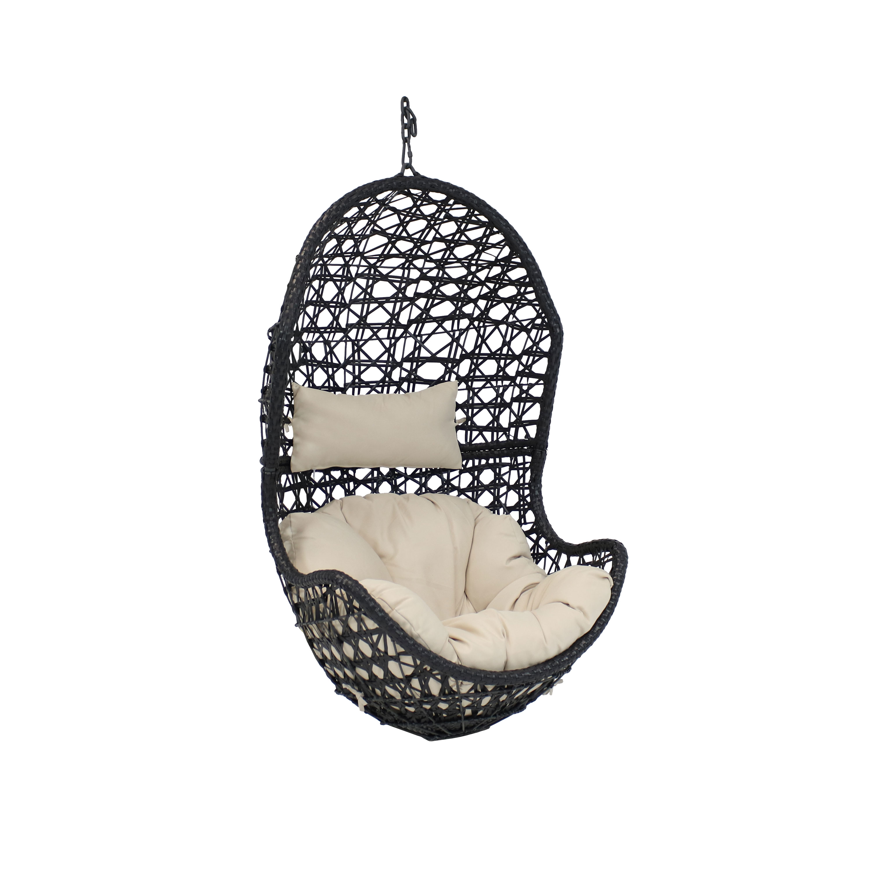 Resin Wicker Basket Hanging Egg Chair with Cushions - Beige