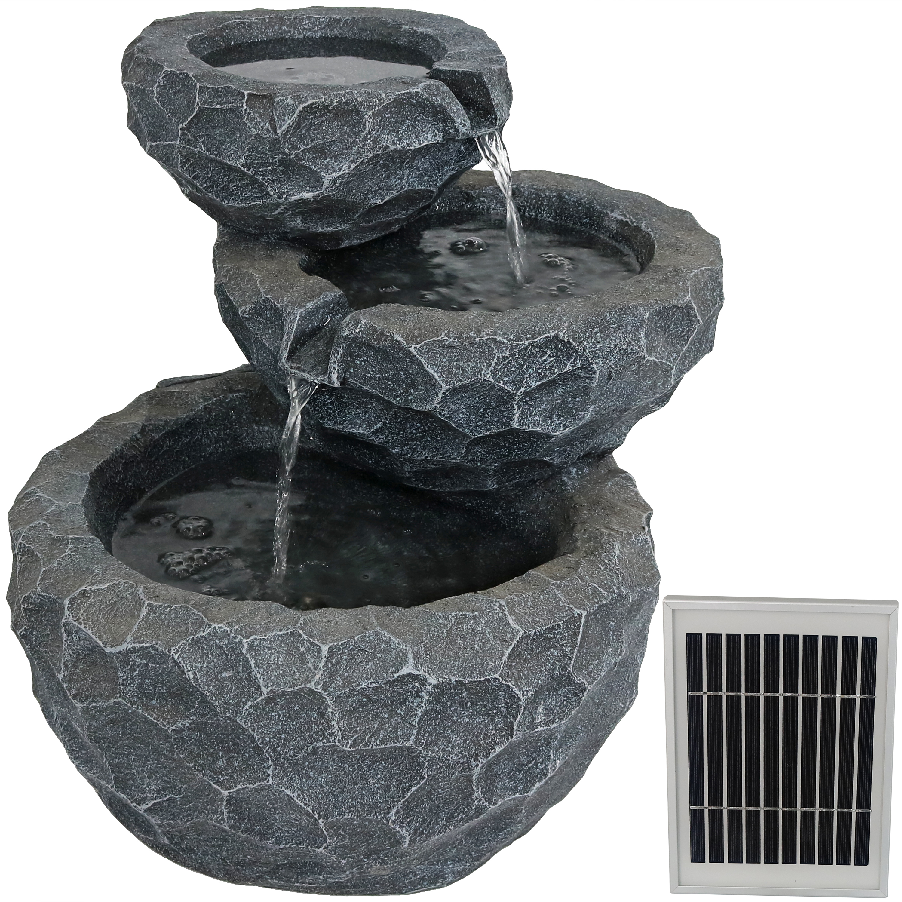 3-Tier Chiseled Basin Solar Water Fountain with Battery