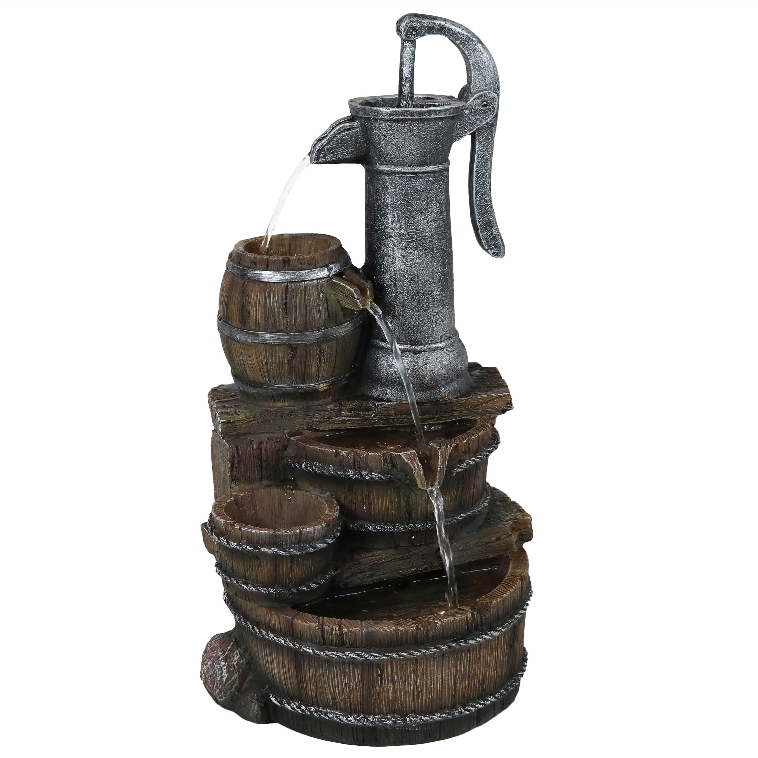 Cozy Farmhouse Pump/Barrel Water Fountain with LED Lights