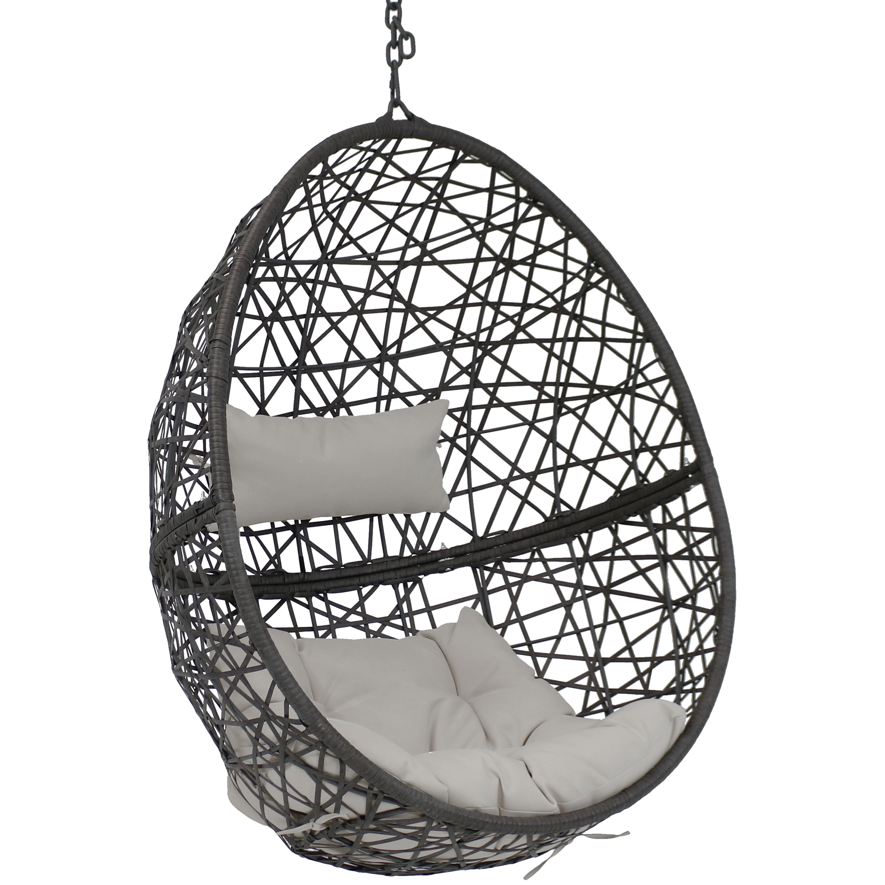 Black Resin Wicker Hanging Egg Chair with Cushions - Gray