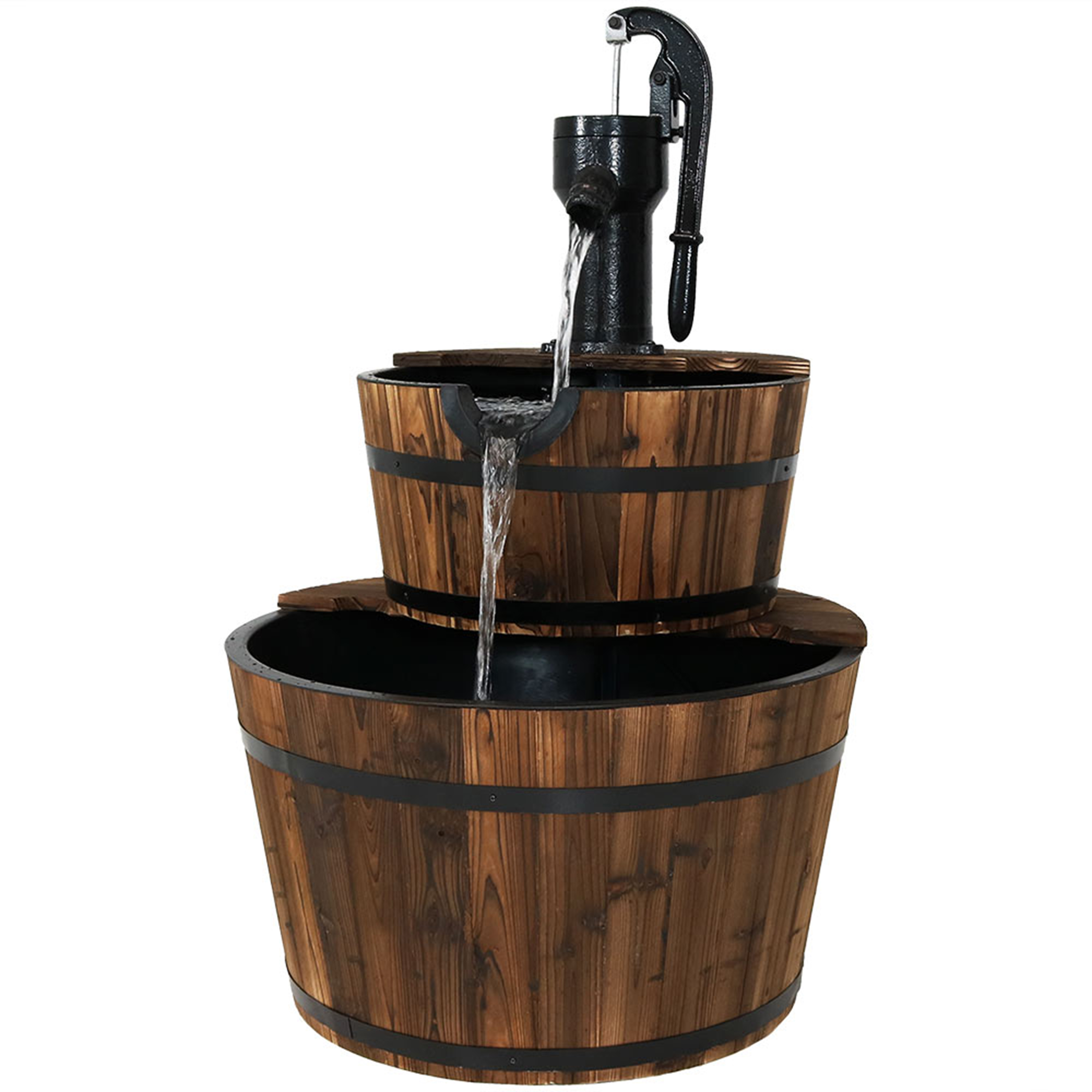 Rustic 2-Tier Wood Barrel Water Fountain with Hand Pump