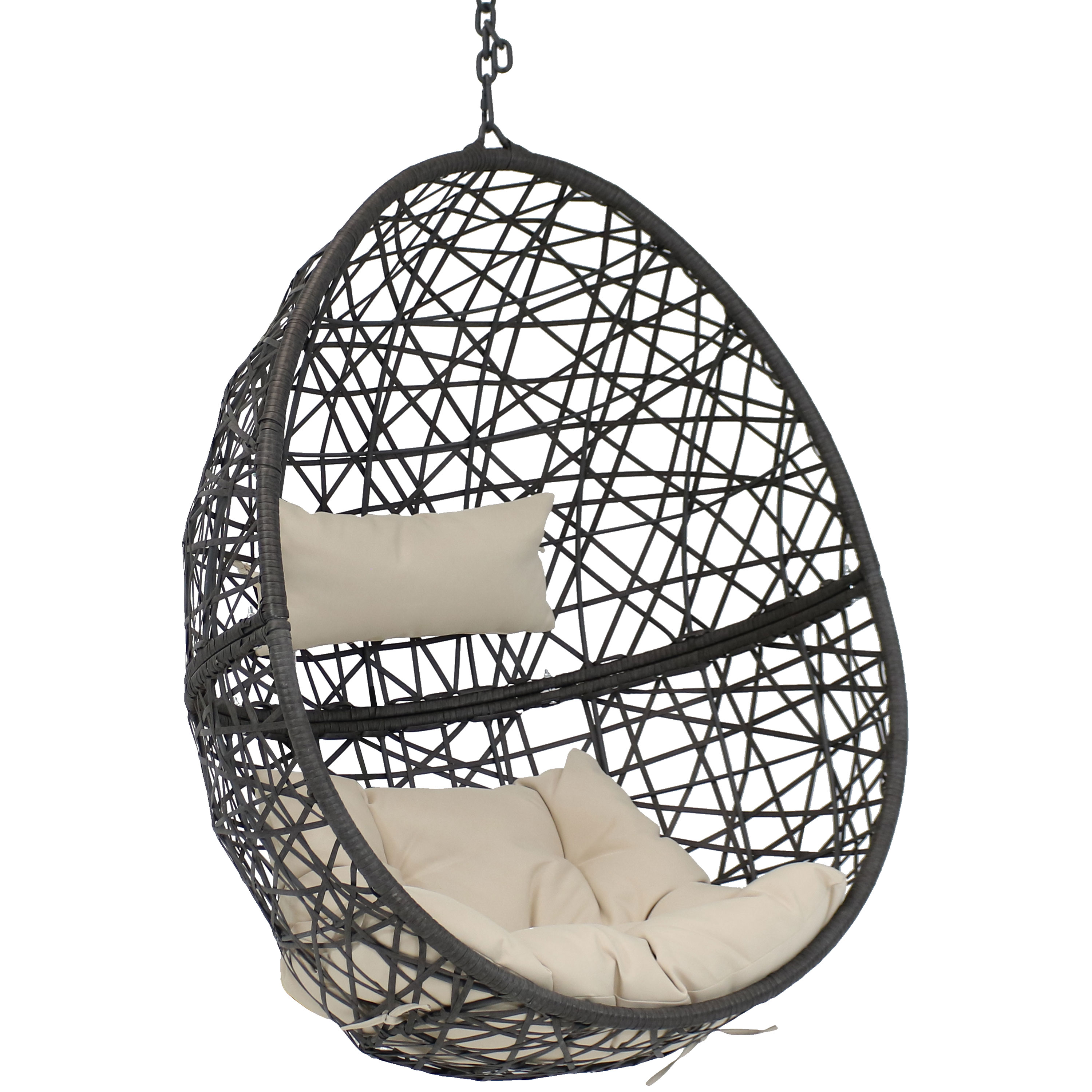 Black Resin Wicker Hanging Egg Chair with Cushions - Beige