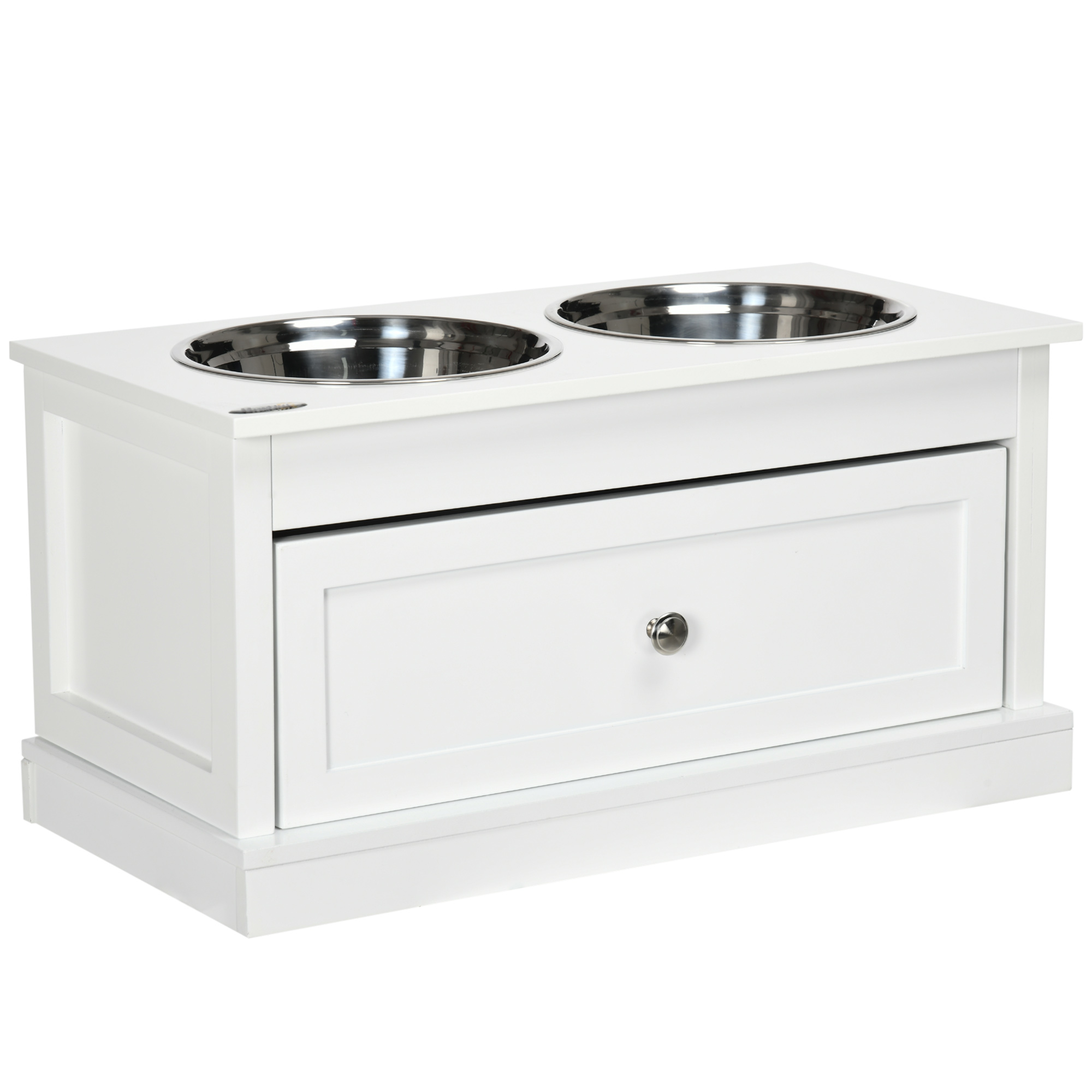 Elevated Dog Bowls with Storage Drawer, White