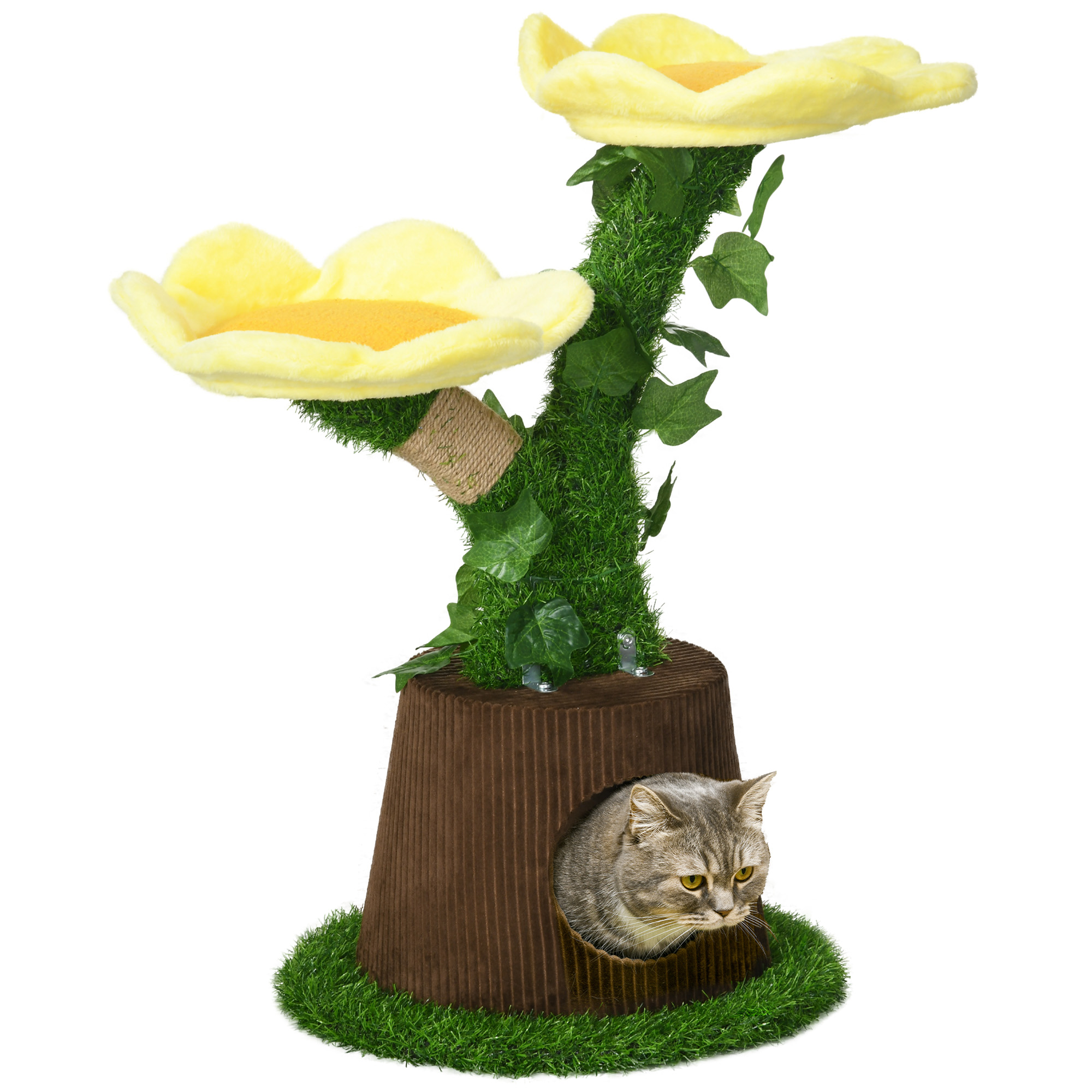 Cat Tree with Two Flower Platforms Cat Tower, Green