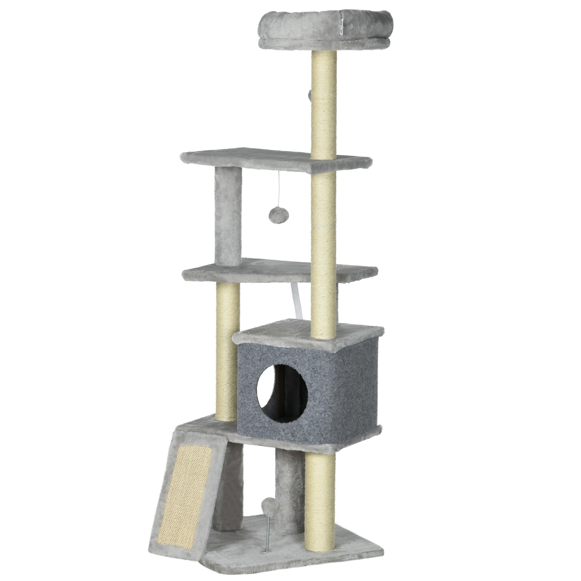 57.5" Cat Tree with Scratching Posts, Bed, House, Toys, Grey