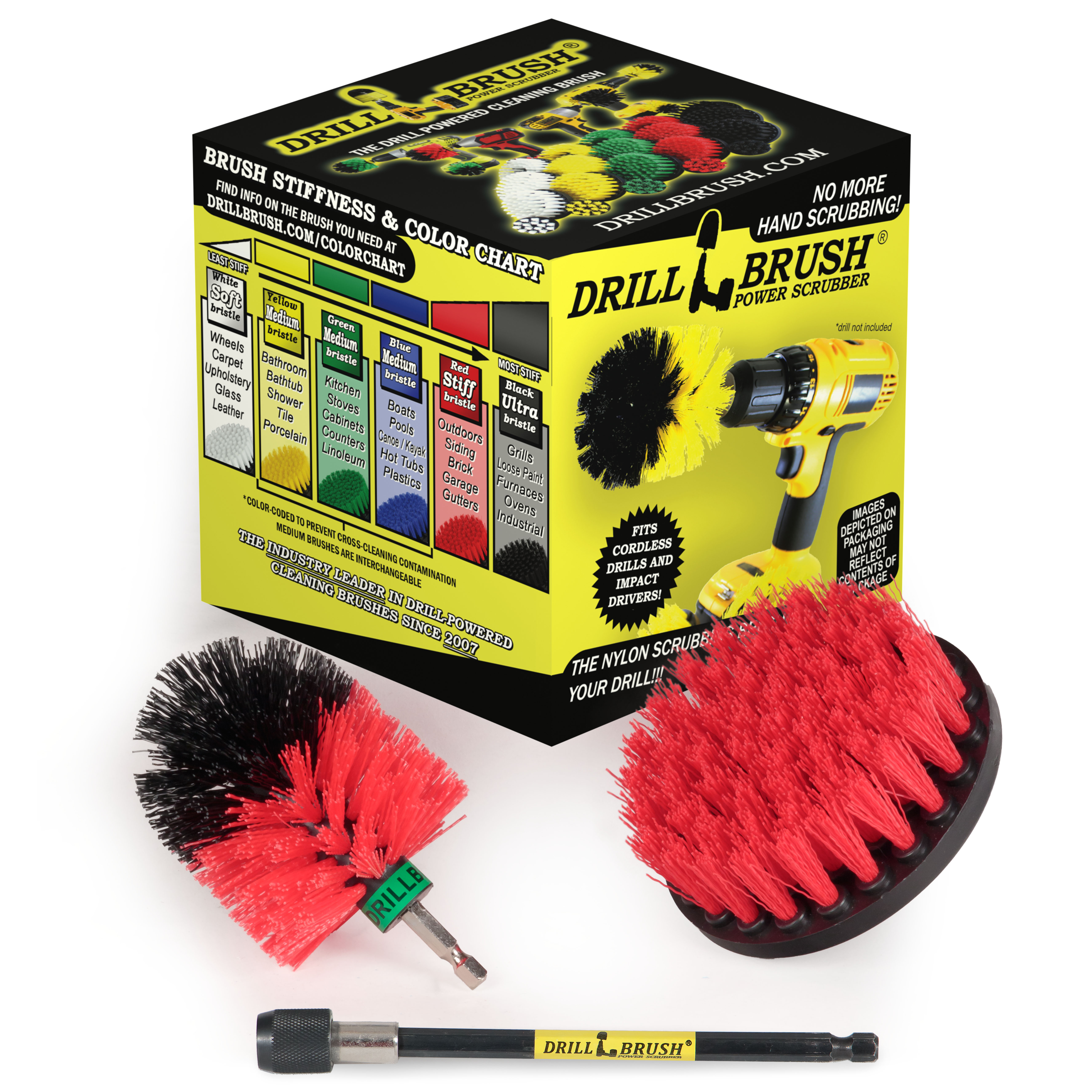 Drillbrush Stiff Bristle Deck Brush Kit with Extension - Red