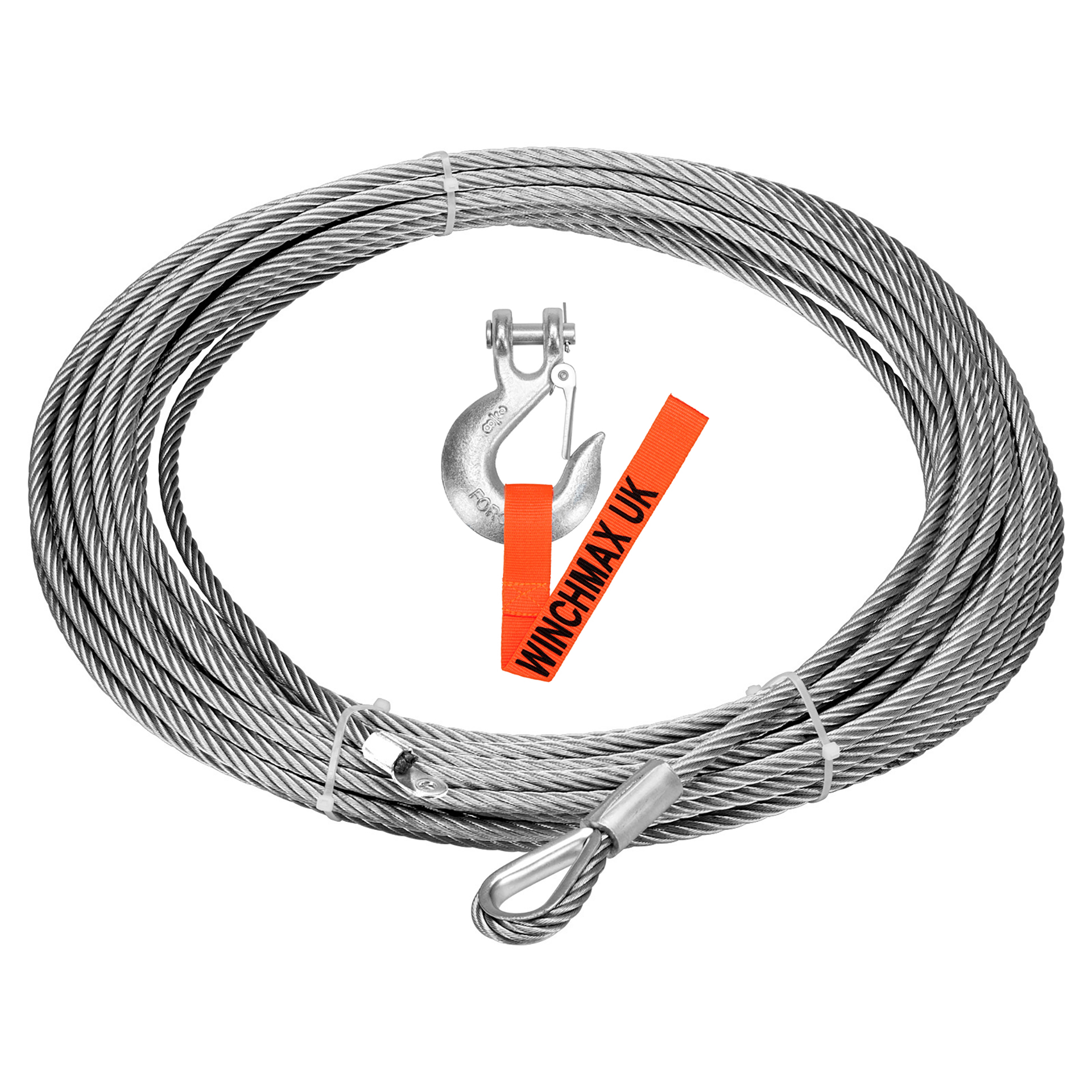 Steel Rope 26m x 9.5mm, Screw Fix. 3/8 inch Clevis Hook