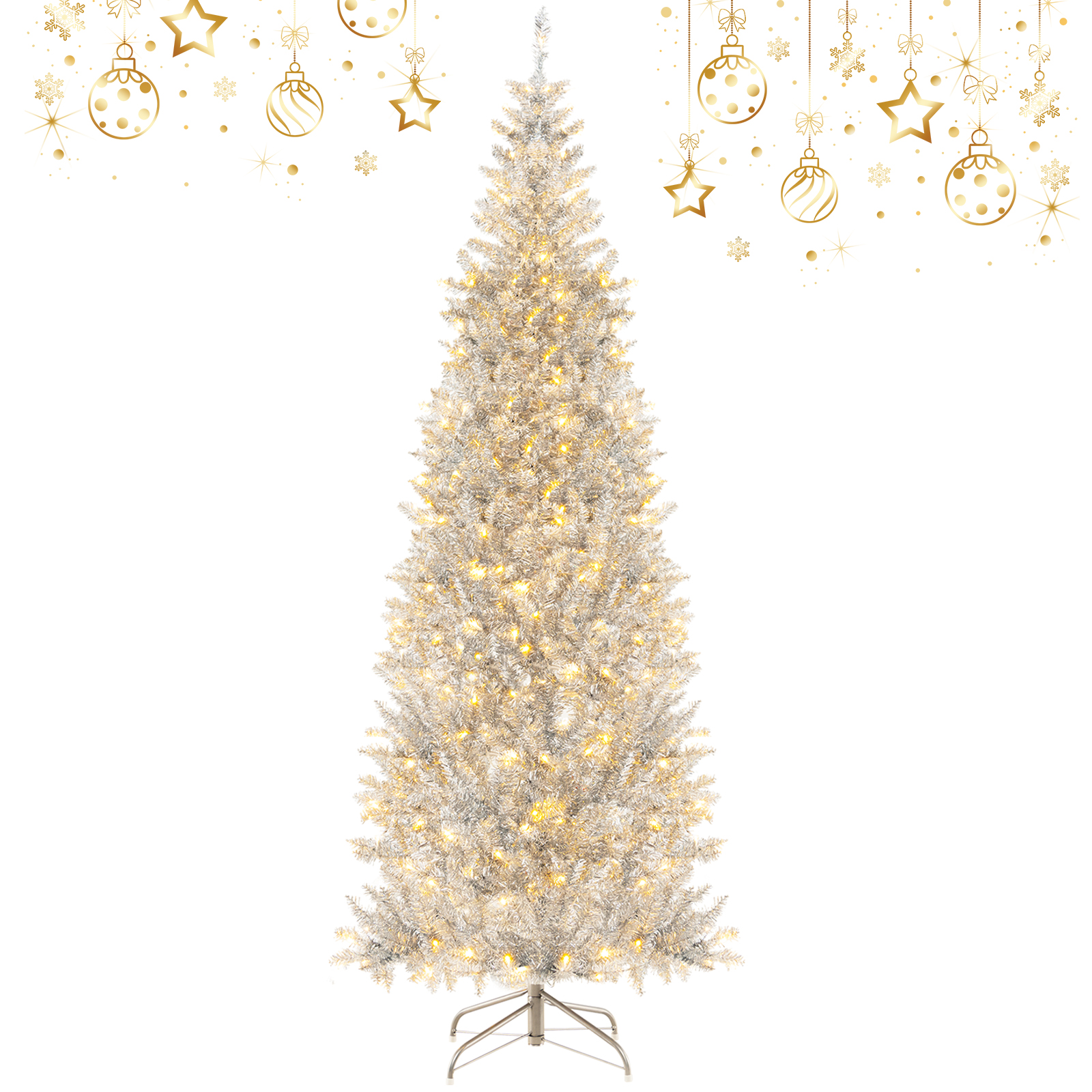 Costway 6FT Pre-lit Artificial Silver Tinsel Xmas Tree