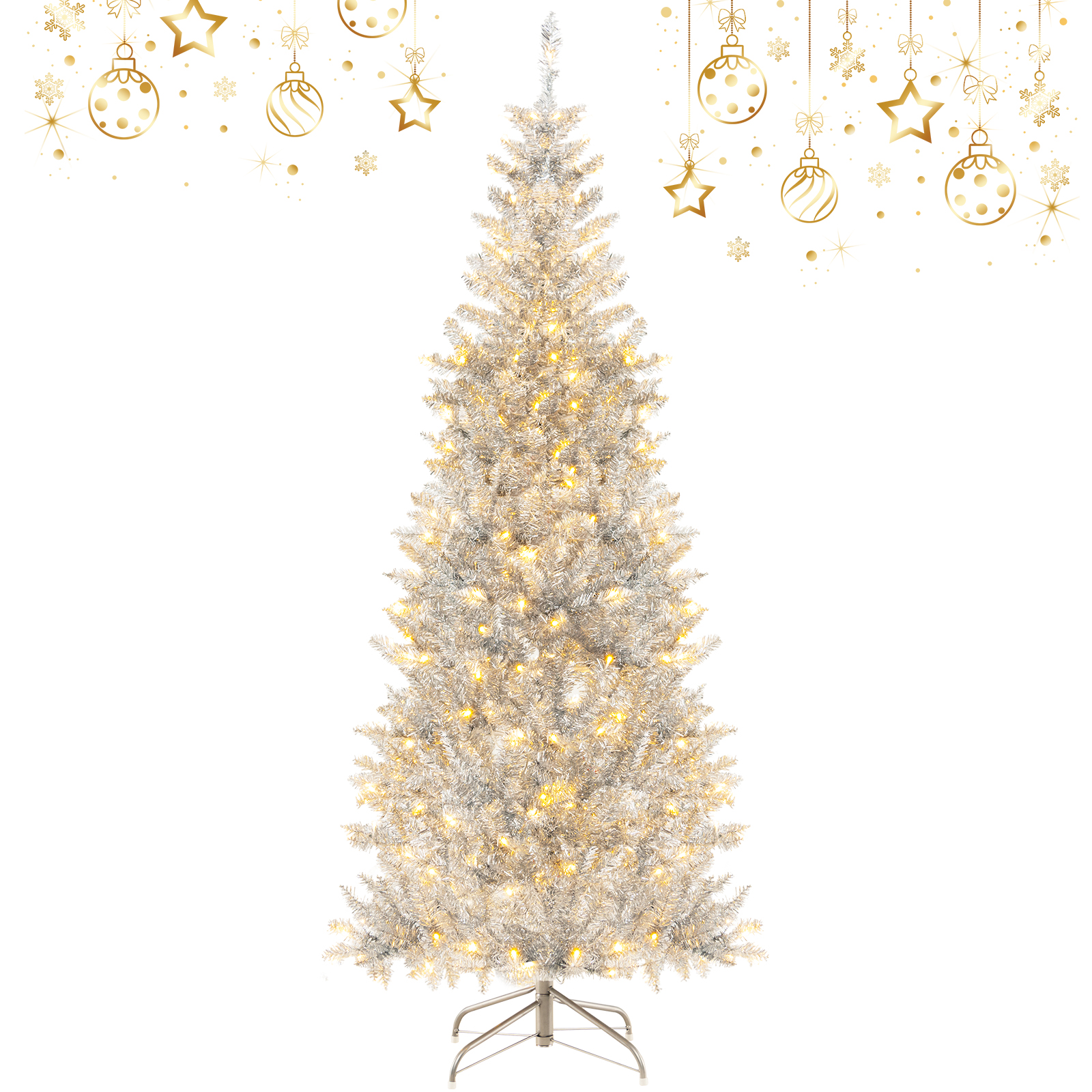 Costway 6FT Pre-lit Artificial Silver Tinsel Xmas Tree