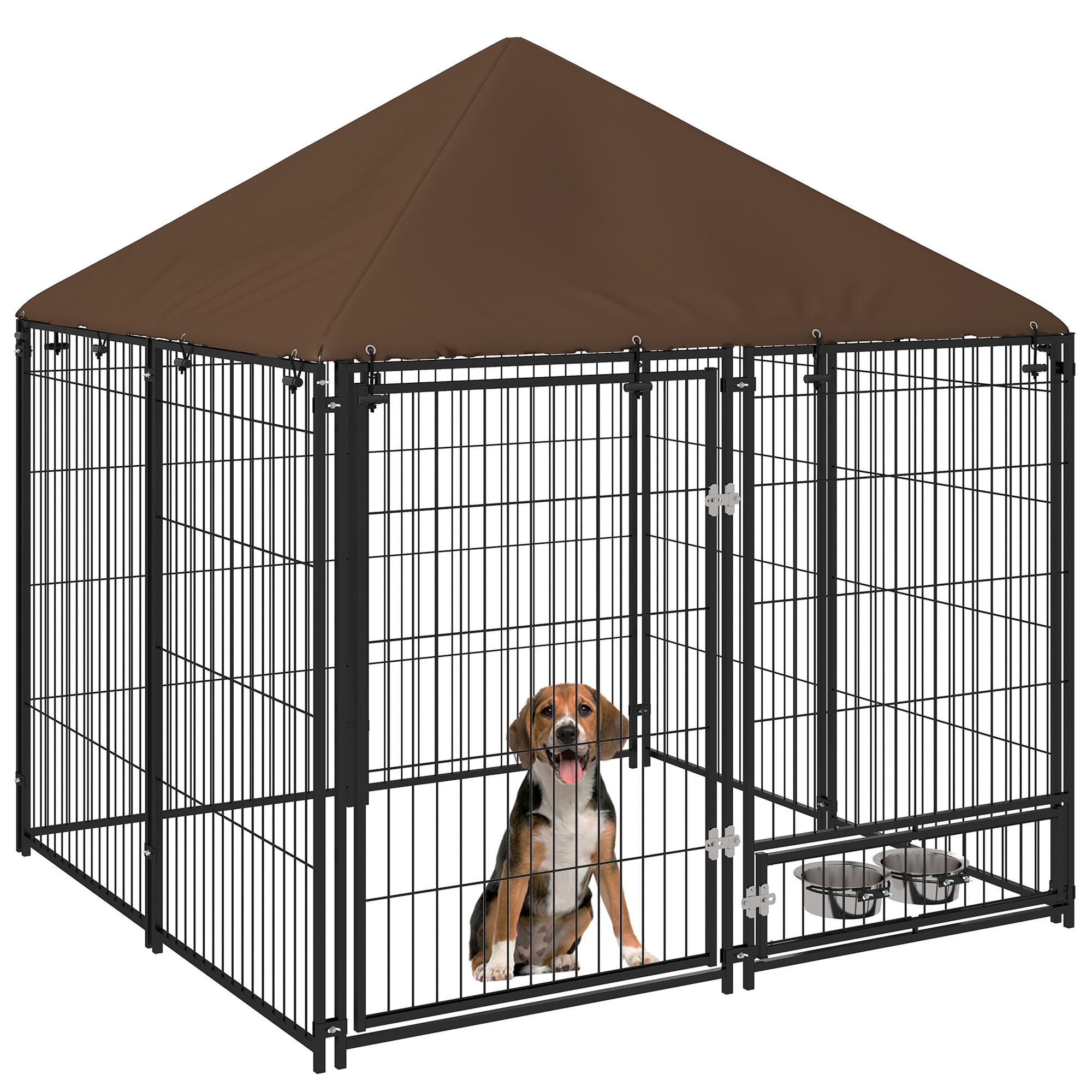 4.6' x 4.6' x 5' Outdoor Dog Kennel with Canopy, Bowls